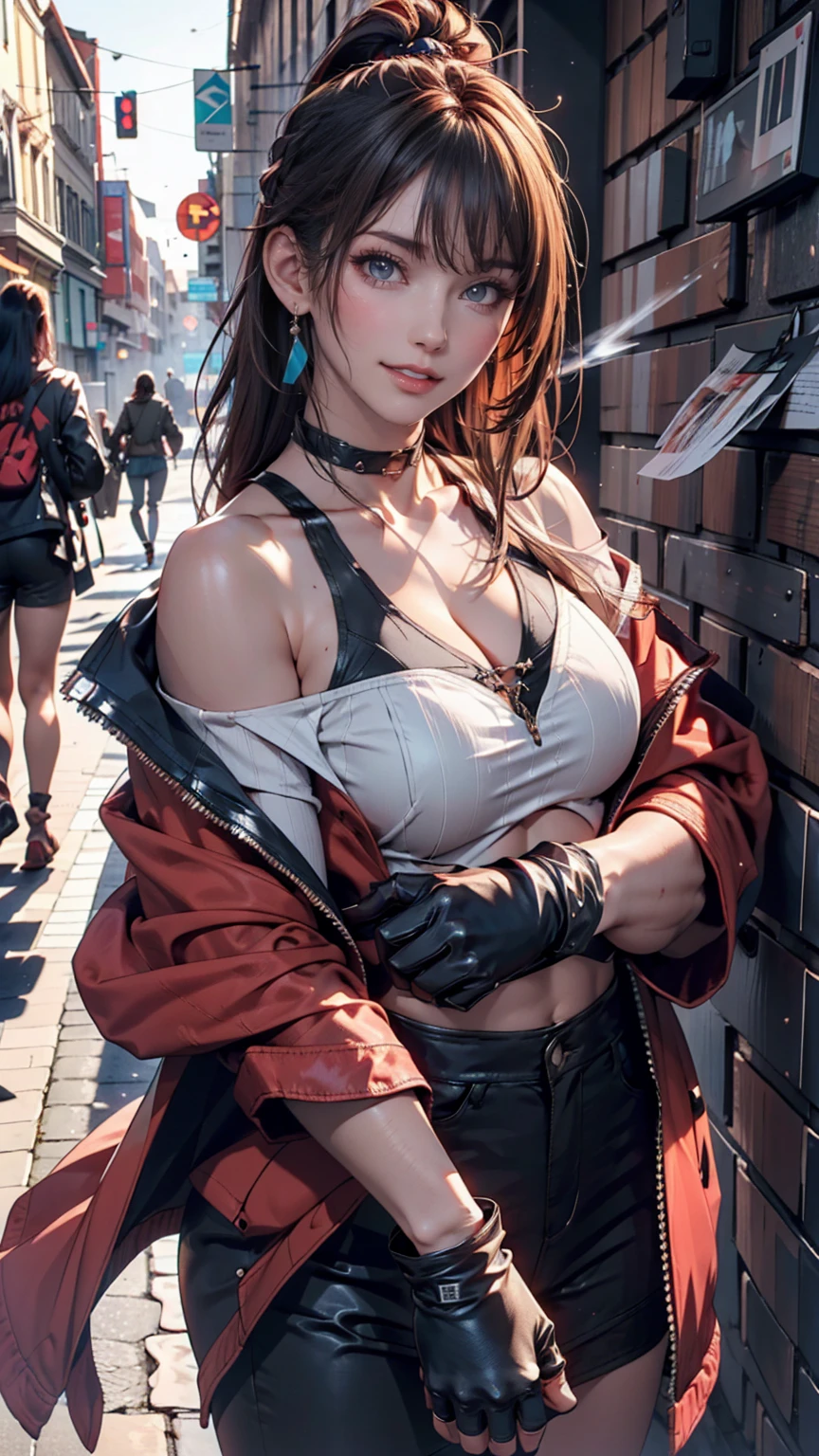 tmasterpiece,, Best quality at best, A high resolution, 1girll， with short golden hair，Red clotheary，hason, Crop top, (Large breasts 1.4), nabel，Fighting posture，cyber punk perssonage，City streets, holding down a katana,