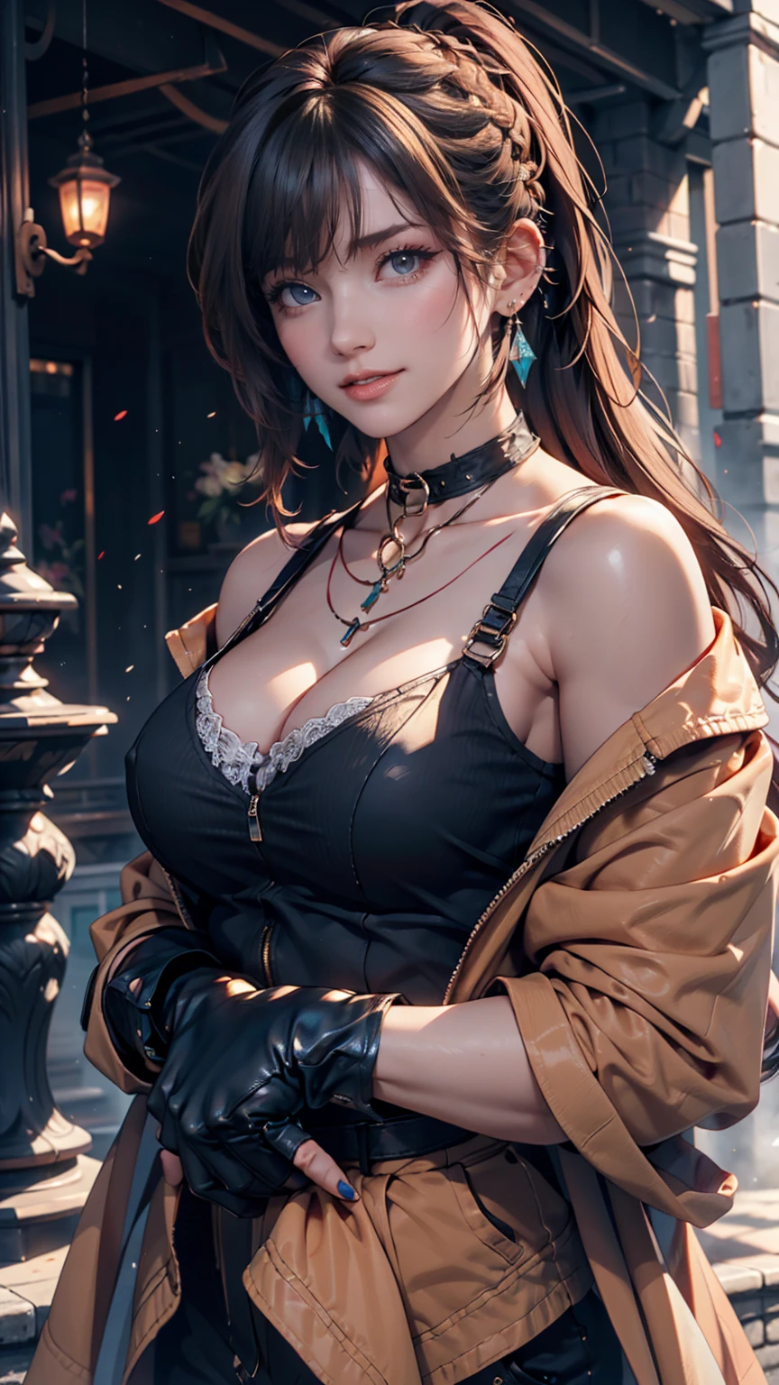 beautiful ((similar)) Lilith Building posing in (Dynamic pose) As a dieselpunk army officer in World War II, Wearing a black leather uniform that shows her cleavage、Wearing a leather military cap, Reference Photo, 最high quality, high quality, (Detailed face and eyes), dusk lighting,, Heavy makeup, industrial use, outdoor snow forest background ((close))