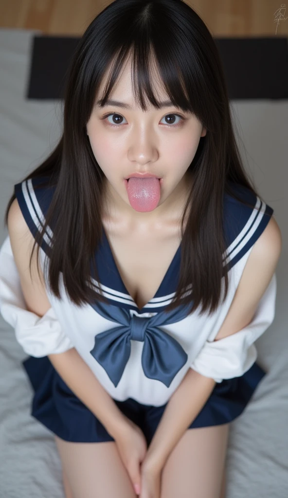 ,Short sleeved white shirt,Red tie,Navy blue mini skirt,Navy blue socks,open mouth,tongue out,cum on tongue,Sitting on a black sofa,looking ahead,from above,flont view,face focus,open mouth,tongue out,(1girl,Beautiful 16 year old girl),((Slender,Small breasts,Small face,)),looking at viewer,Black Hair,bangs,Row Twin Tails,Drooping eyes,Beautiful and detailed,Mischievous smile,Dimly lit room,Simple Background,Gray background,Low lighting
