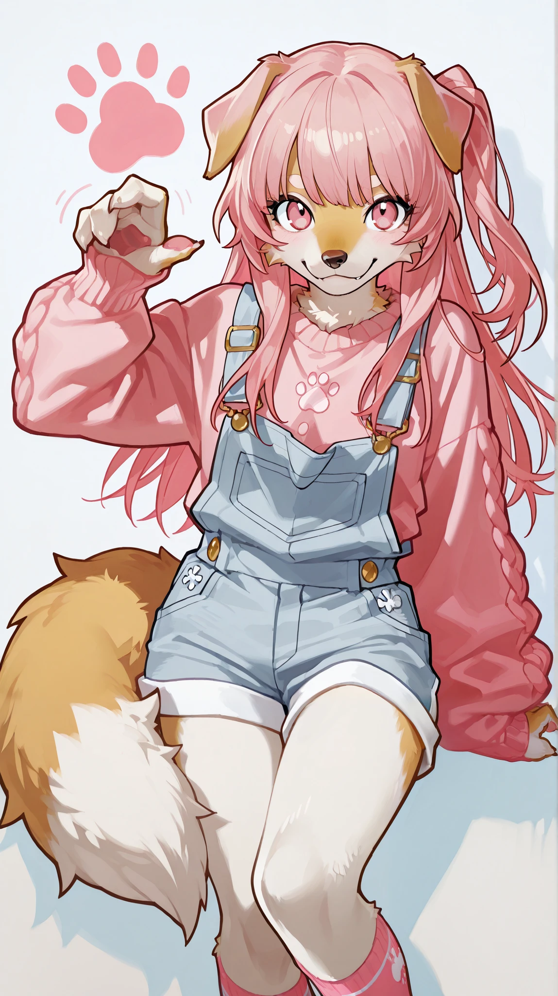 The character is a figure stylized with features that mix human and canine elements . She has dog ears visible on the top of her head and a tail that resembles a dog. Her hair is short and smooth , with a fringe.
She is wearing a white cropped blouse and an open pink sweater , with bone designs , suggesting the canine theme . The lower part of the clothing is composed of two-tone shorts , one side is light pink and the other a darker shade . She also wears tall pink socks and has delicate details , like lace on socks .
The character's expression seems cheerful and playful , with a pose that transmits energy and relaxation . The overall style is colorful and very stylized , with a touch of pop culture and kawaii aesthetics . Furry leopardo das neves