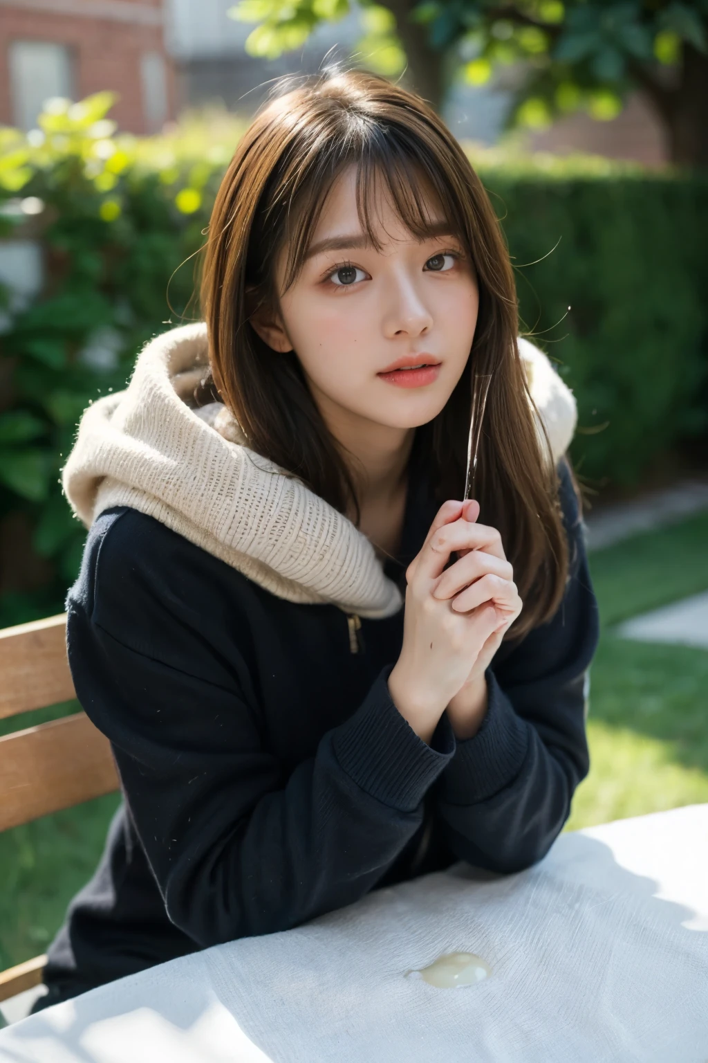 (masterpiece:1.2, Best Quality),,Anatomically perfect、 simple background、Winter clothes、20yo、garden,bangs, semen drips,1 man having sex with girl,
