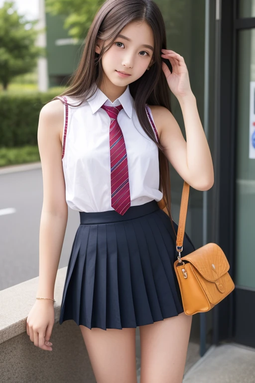 (8k, RAW Photos, highest quality, masterpiece:1.2), (Realistic, photo-Realistic:1.4), (Highly detailed 8k wallpaper), Sharp focus, Depth of written boundary, Cinematic lighting, Soft Light,Eyes of delicate beauty,shiny smooth light brown Long Bob Hair, Asymmetrical bangs, Glowing Skin, Ultra-dense skin,High resolution, High Detail, Detailed hairstyle, Detailed facial beauty, hyper Realistic, Perfect limbs, Perfect Anatomy ,1 Japanese girl,Famous Japanese Idols, Perfect female body, Large Breasts,smile,Short eyelashes,double eyelid,Long Bob Hair, (school uniform : 1.3), (Micro Mini Skirt Grey Micro Mini Skirt:1.3),Watching the audience, (Crowded street:1.3),Cowboy Shot