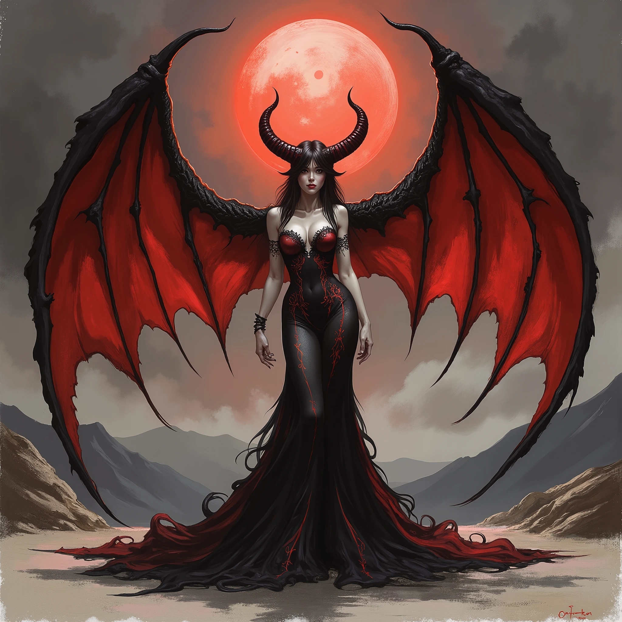 Detailed proportions and textures and multi-color with airbrushed brush strokes that presents a semi-realistic illustration in Chinese ink a female figure (a succubus beautifully, perfect and daring sexi) with striking, large wings. The wings are predominantly black with vibrant red accents, creating a dramatic contrast. The figure stands in a powerful pose, wearing a long, flowing black gown with intricate designs. Her skin is pale and she has long, dark hair that cascades over her shoulders, with two small, beautifully decorated horns. A glowing red halo hovers above her head, adding a mystical element. The background is a moody, cloudy sky with hints of mountains in the distance, enhancing the ethereal and otherworldly atmosphere of the scene.very balanced saturation in the color palettes very defined (Color with monochorome intense shaded tones and shine, tone red 25% + yellow 25% + blue 25% + biofluorescent 12.5%+ transparencias 12.5%. Aesthetic fusion by (Fibonacci ratio. A poupée realiste of a succubus. female (Including a variety of pink skin and beige-dark tones that give it contrast and shine) character type. Fluid texture that gives the sensation of movement to the fine, thin fabric that bites into your body (Her clothes with relief and folds give volume and depth to the character). Haute couture photoshoot (in high quality of full body). Sharp Highly Detailed Soft Focus, Approaching Perfection, Full HD 8K. High and Low Angles. of Coco Chanel, Gianni Versace, Alberto Vargas, Greg Rutkowsk art style fusion. 
