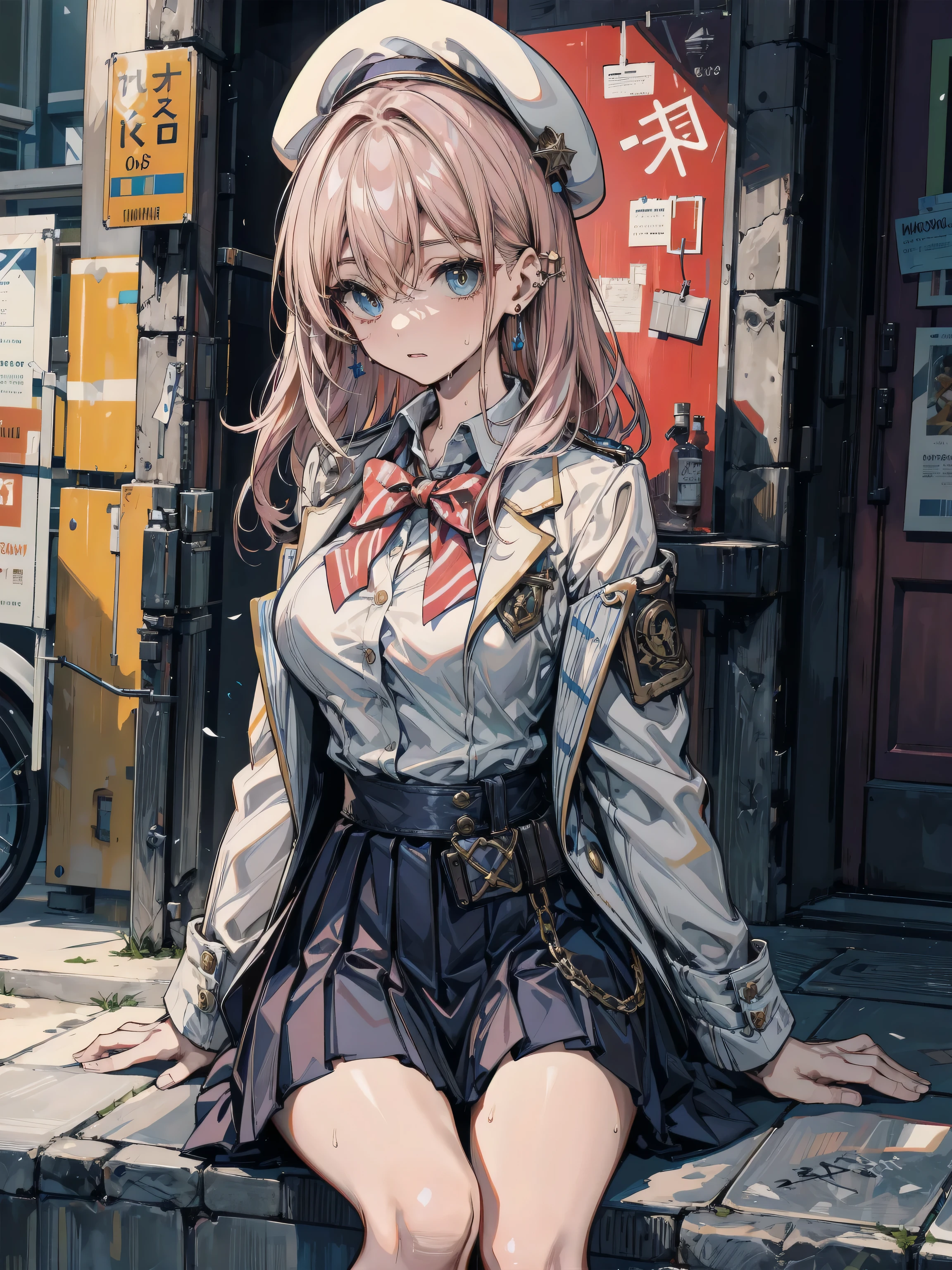 earring, narrow waist, black hair, large breasts, sweat, beret, skirt, school uniform, blazer, outdoor, cowboy shot, sitting,