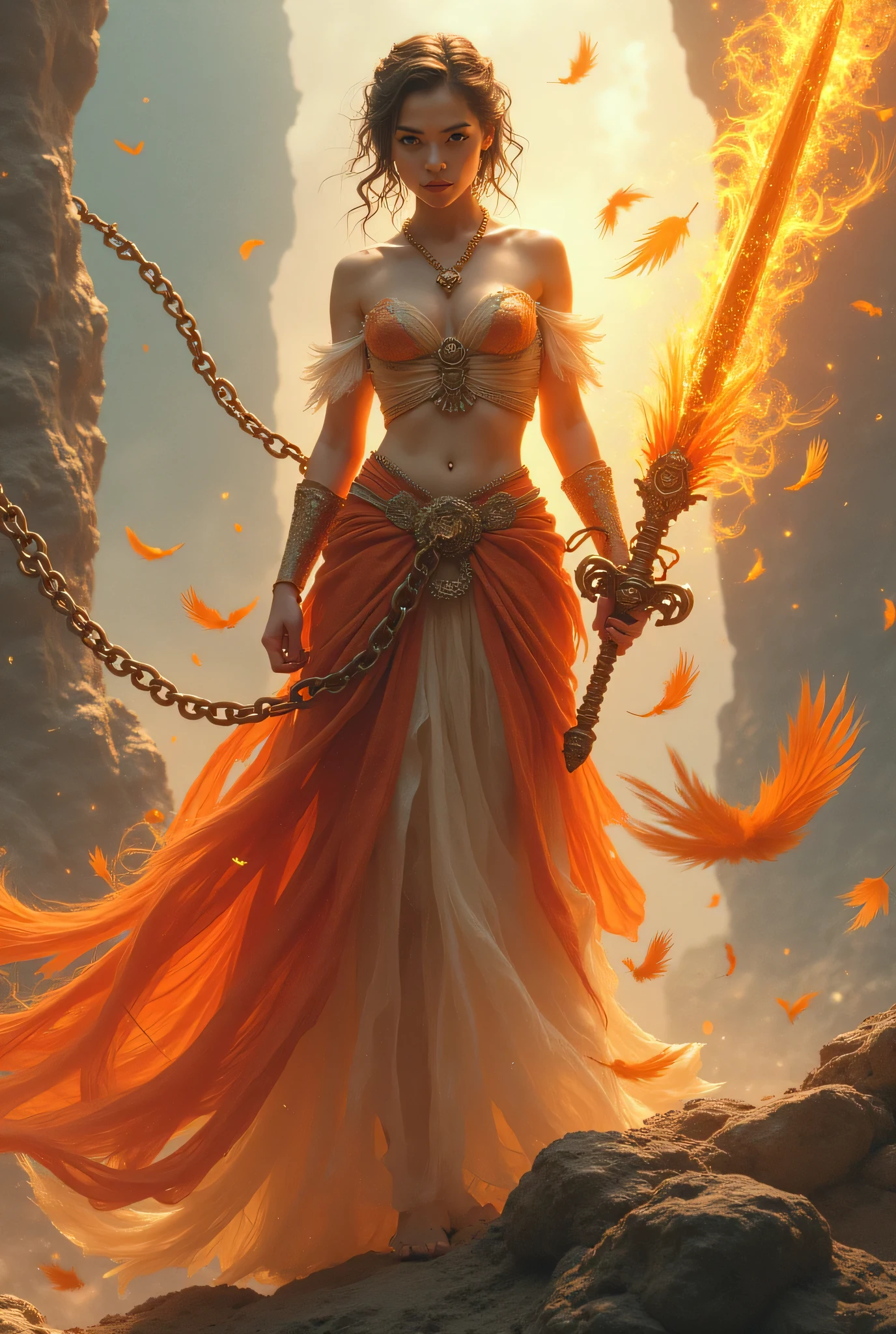 (8k,     top quality,  Masterpiece), (   is present  , photo   is present  : 1.37),   very detailed,     one girl  , { Phoenix Princess }, Wide angle ,   Big bouncing breasts   ,    Very delicate depiction    ,     Miniature Paint     ,    short braided hair  ,   correct skeleton,     Intricate Patterned Chain Chain ,  Braided Chain Chain  , Equipped with a long, large, feathered sword、 dreamy ,超   is present  な混合ファンタジー世界,    is present  要素と幻想的要素の組み合わせ (  Swirling Fire with Feathers  :1)、 facing the camera 、Secure your body with a chain to a rock 