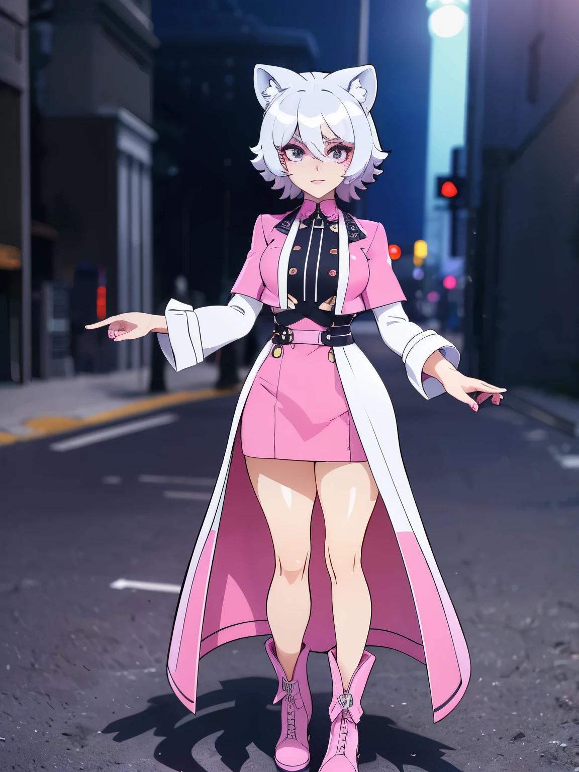The character is dressed in a very stylish and daring look. She wears a short pink silk dress , with a soft shine and a delicate cut . A cozy white plush jacket complements the look , providing a sense of elegance and comfort .
On the feet, she wears white platform boots , which have a striking design with tie and plush details , making the look probably even more dramatic .
She carries a light pink bag , that goes well with the dress , adding a touch of charm . Her nails are well made and long , standing out a vibrant color .
The setting appears dark , suggesting that the photo may have been taken at night , what highlights the brightness of the dress and accessories . The style recalls a modern and daring aesthetic , with fashion elements that stand out . Furry leopardo das neves