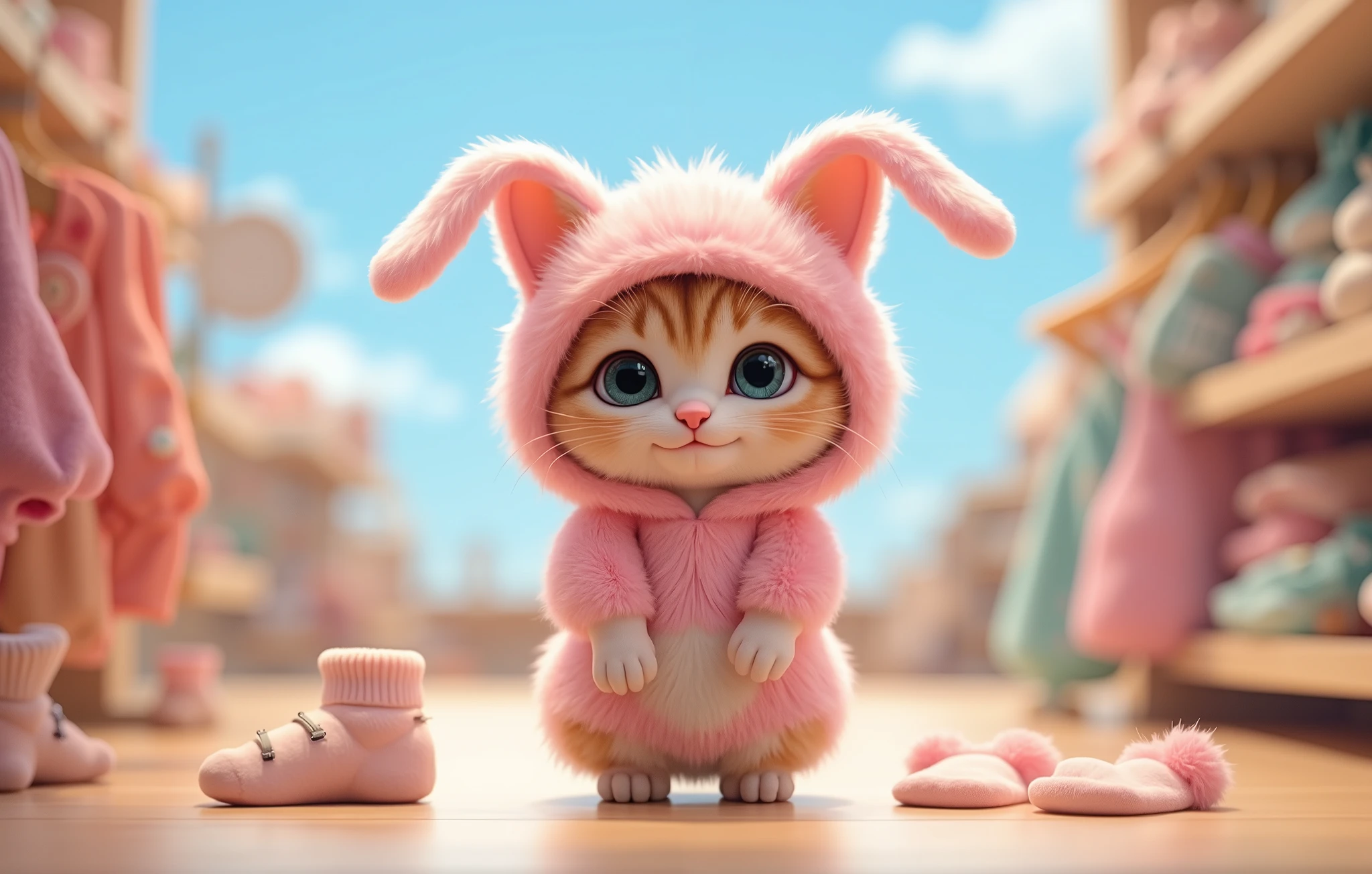 a cat drawn in size 25, 1 adorable baby , wearing a pink fluffy rabbit hat, kitten wearing a fluffy rabbit costume , like My Melody , wearing loose socks , blue sky,Detailed and realistic coat ,,The background is shop ,Trying it on, a realistic cat standing on 2 legs , has big eyes like beautiful marbles ,Shorten your legs,,Smiling Kitten ,My legs are short legs ,