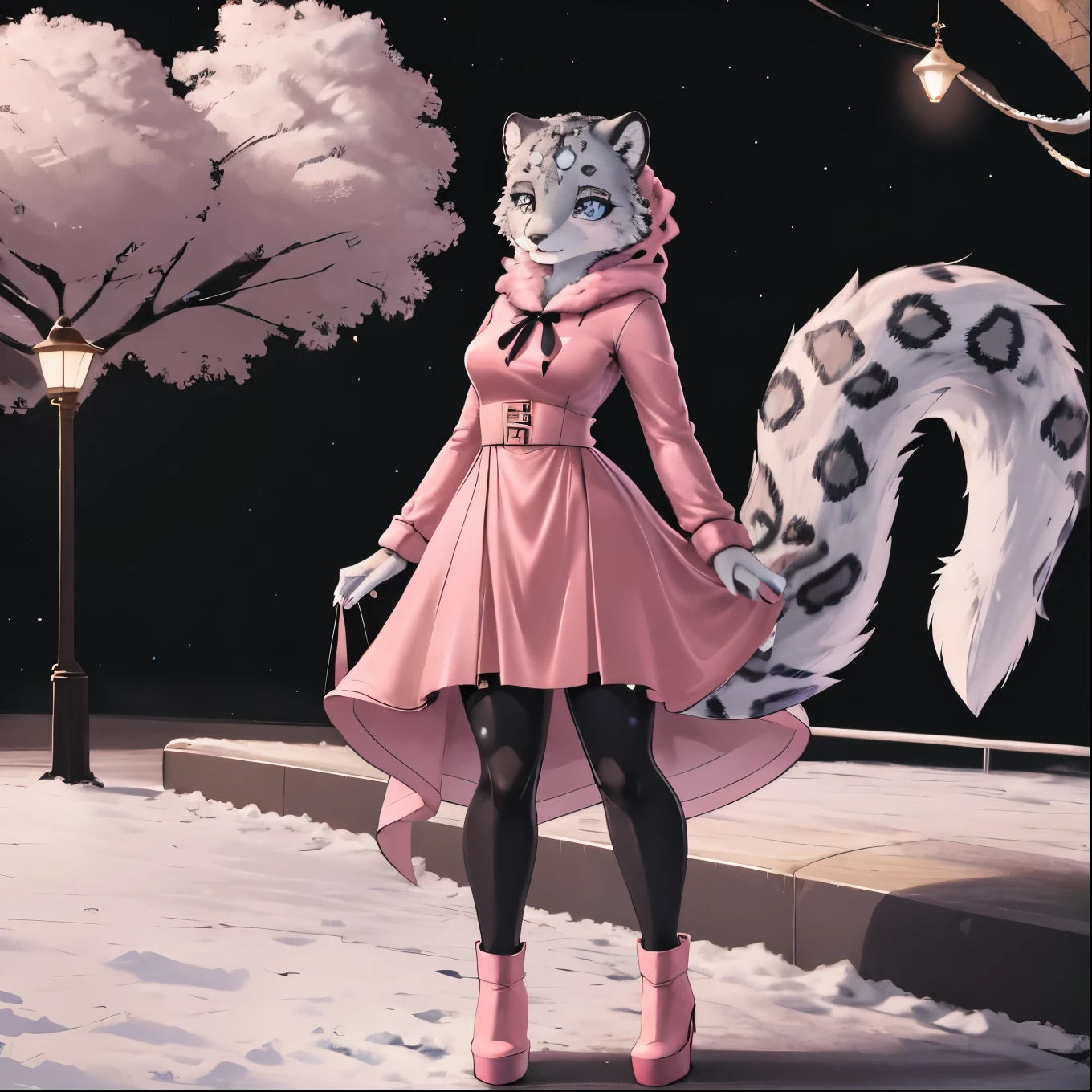 The character is dressed in a very stylish and daring look. She wears a short pink silk dress , with a soft shine and a delicate cut . A cozy white plush jacket complements the look , providing a sense of elegance and comfort .
On the feet, she wears white platform boots , which have a striking design with tie and plush details , making the look probably even more dramatic .
She carries a light pink bag , that goes well with the dress , adding a touch of charm . Her nails are well made and long , standing out a vibrant color .
The setting appears dark , suggesting that the photo may have been taken at night , what highlights the brightness of the dress and accessories . The style recalls a modern and daring aesthetic , with fashion elements that stand out . Furry female snow leopard