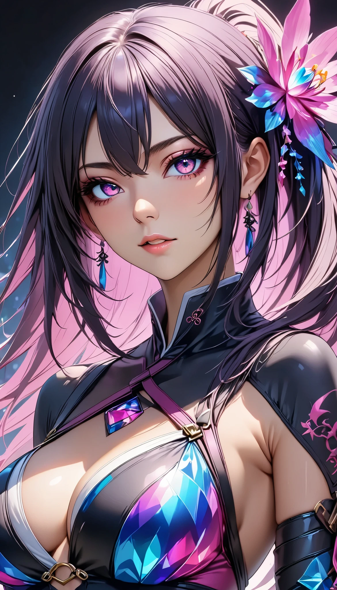 1 beautiful woman, Alone, Ouka-chan, Adult Ninja , vivid colorful crystal fantasy style, gross shiny skin, censored, super fine quality, ultra-high resolution, Super Retina,