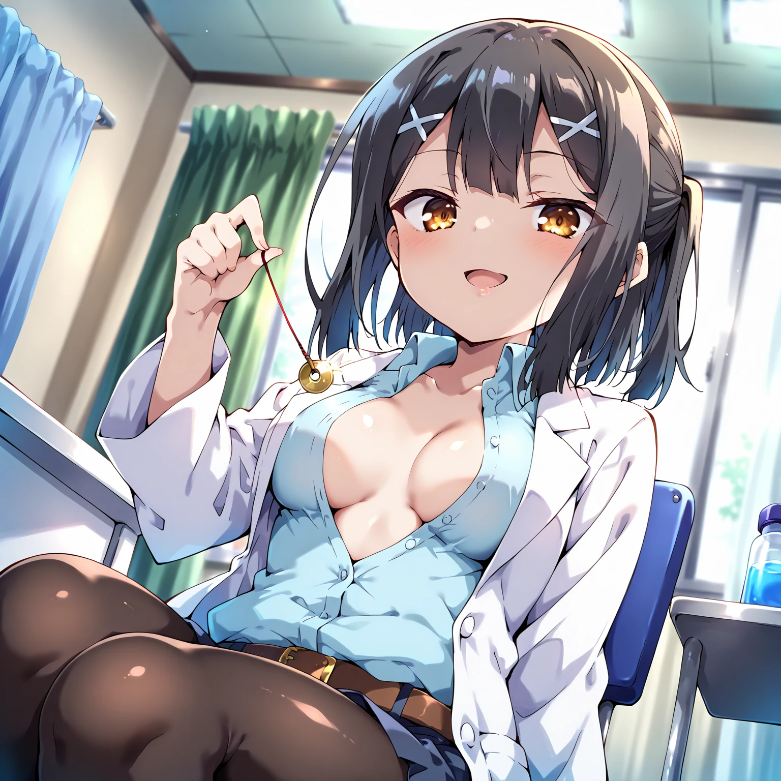 anime screenshot, masterpiece, highest quality, High resolution, 2D, cheer up, highest quality, High resolution, 1 female, Ryoko Mikado, white clothes, skirt, Thighhighs, (big breasts:1.2), cleavage, blush your nose, smile, closed mouth, Watching the observer,consultation、have a stethoscope、underboob、roll up one's clothes、Roll Up Shirts