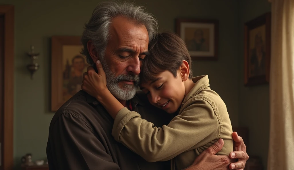 Ultra-realistic portrait of a man in his 40s. He has brown hair with a few white strands, a neatly trimmed beard and green eyes that reflect sadness and relief. His face is well defined and his expression suggests emotion and vulnerability. The portrait should be from the waist up. He is wearing a casual shirt.
The man is in a living room, embraced by two 1s, a boy and a girl, both with brown hair, all with expressions of support and solidarity. The environment should include elements such as a sofa and a lamp, but should be blurred so as not to distract from the main subjects.
The lighting should be soft and warm, with light from a lamp coming from above, creating subtle shadows that accentuate the subjects' emotional expressions. The light should highlight the eyes and the texture of the skin, emphasizing the seriousness and emotion of the moment.
The image should convey a sense of togetherness and relief, with a touch of vulnerability. Suggest a warm color palette, such as golds and browns, that complements the atmosphere of the living room.
The photo should be of high quality, with 8k rendering and extreme detail, capturing the emotional essence of the moment.