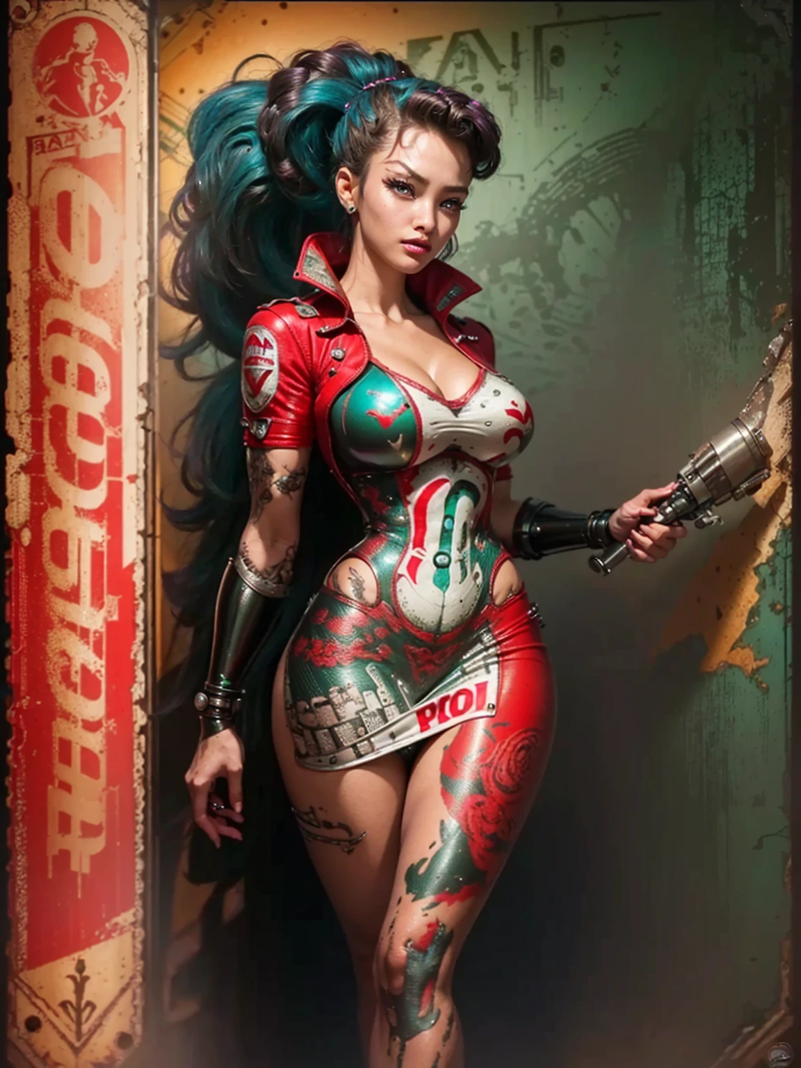 there is a poster of a woman (Jesica Alba :1.1) red lips, green eyes, on a motorcycle with a banner, pin-up poster girl, glossy old advertising poster, pin up style poster, poster vintage, vintage poster style, vintage look, pinup art, by Bob Ringwood, great detail, beautiful retro art, brilliant detail, pin-up, pin - up, garage, pin up, by Steve Argyle
