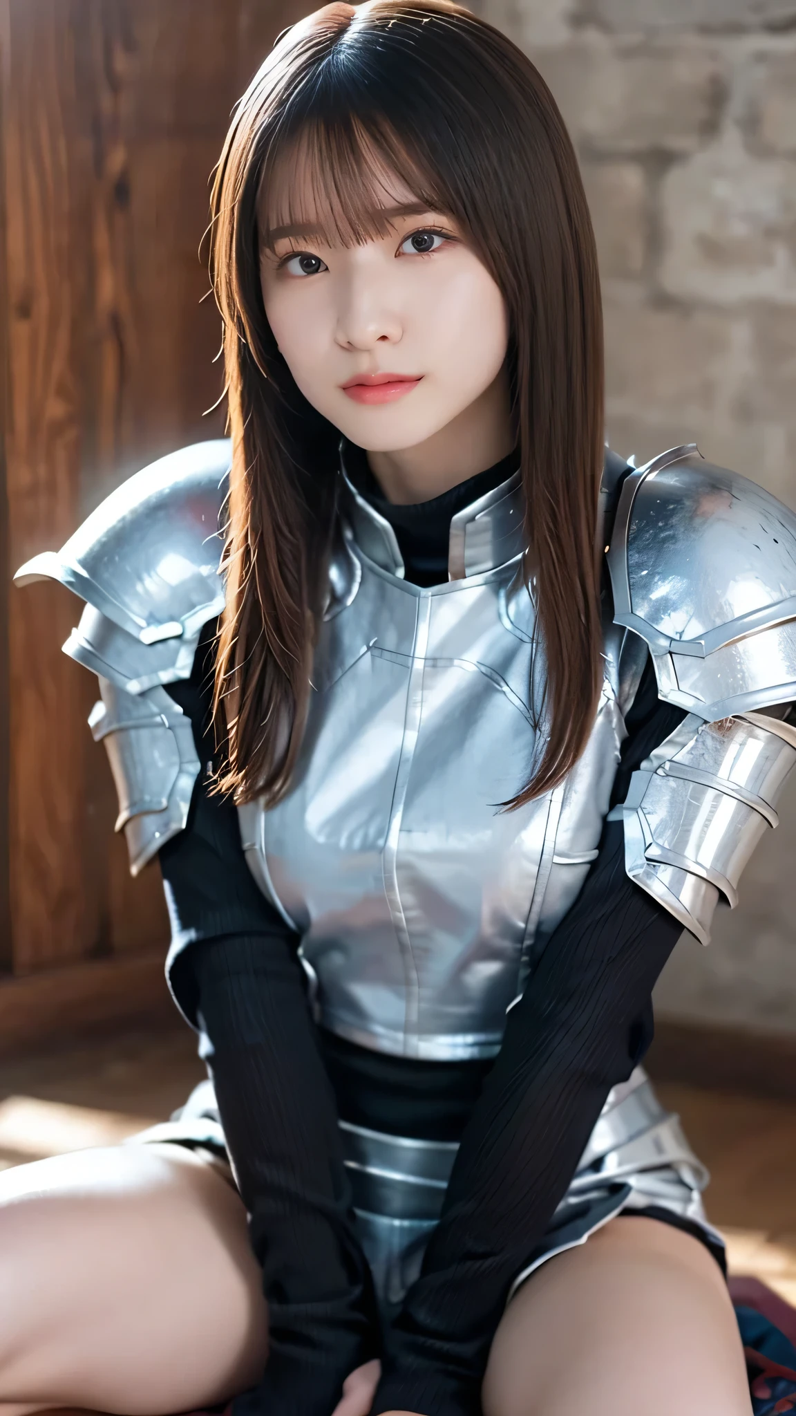 (( 1 girl)), woman, Masterpiece, top quality, top quality, cinematic lights , ( Stereo lighting ), extremely detailed CG unity 8k wallpaper, Concentrated, 8k wallpaper, extremely detailed, super real, photorealistic, sharp concentration, is ridiculous, ( high resolution:1.2), ( high contrast), photos, detailed and complicated, instagram , portrait , very detailed, Digital Painting , ART STATION, Concept Art, smooth, sharp concentration, illustration , cinematic lights , big breasts:1.3, Dark Soul Style Heavy Armor Concept 、 Black and Gold Heavy Armor 、Sword and Heavy Armor , impressive and sensual woman wearing Concept Art , ART STATION contest winner , fantasy art , Professional Photographing , Professional Photographing , Attractive Body Model , Warrior Concept Art , heavy Attractive Body Model , Dragon Knight, Warrior Concept Art , Heavy Armor , Art Station Contest Winner , Light Black Heavy Armor 、impressive features, Fantasy Heavy Armor , Raw Knitwear , octane render , super real, Carefully detailed on all sides Captured , epic scene, full body shot , Unreal Engine 5.4, Photo shooting by a professional ( Japanese idol pose to close their legs), armor inspired by Huang Shen, staring at viewers , ((Indian Pose)), ((Medium body shot , Hip Level Shots )), long hair, (( leaning against a wall)), beautiful eyes.