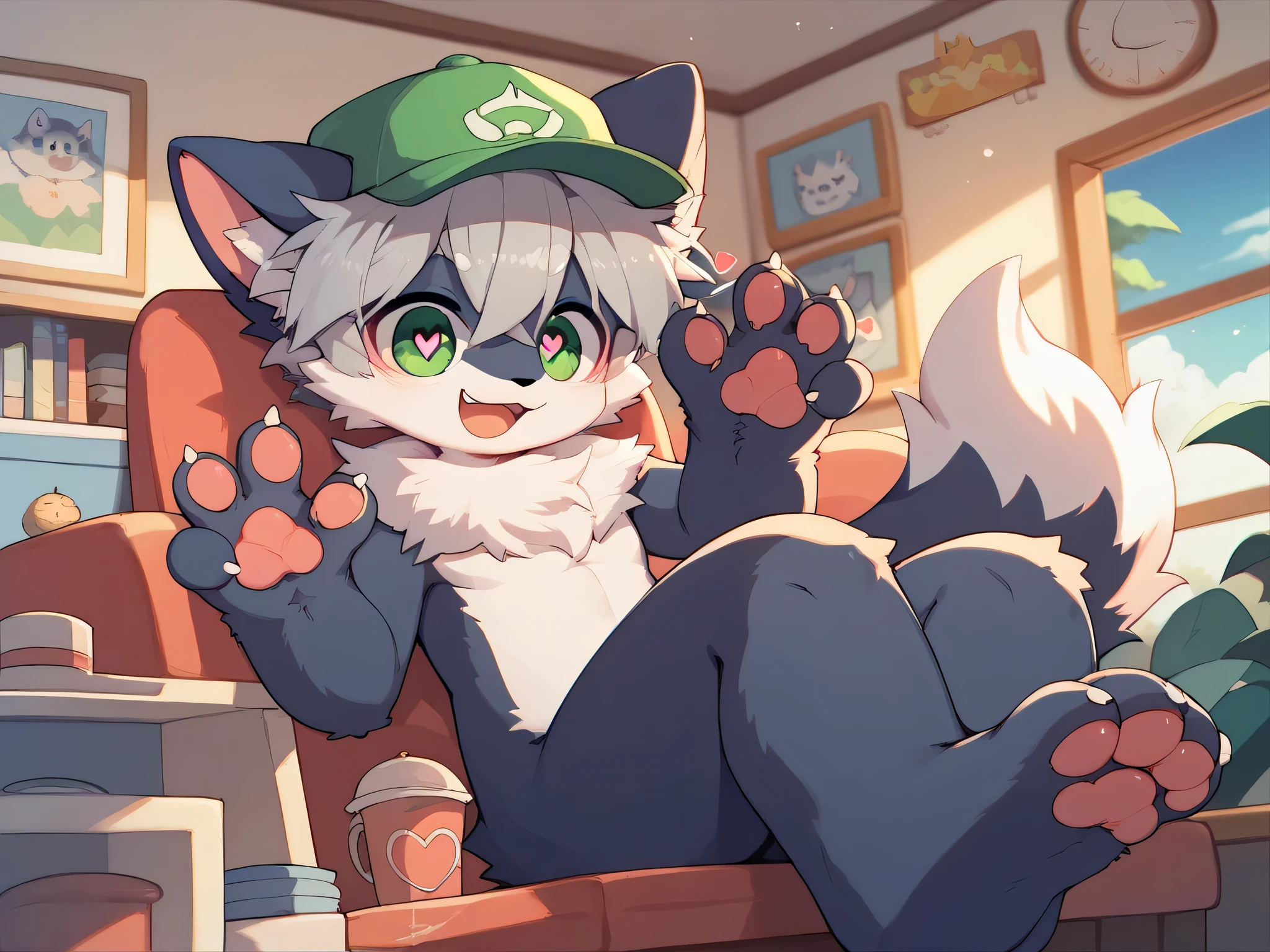  very detailedな, very detailed,gray hair with dark blue fur,,male,骨を見てExcited, heart eyes,participate, before my husband, green white and colored hat, cute face,Sitting,Pets, Akai's first wheel, fluffy fur like one,Excited,naked,Horny boy,「paw」「give paw」「shake hands」 's room ,Smiling face,Dropped ears, my mental age is  ,Want,