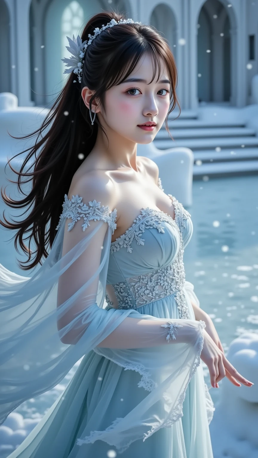 ((top-quality、masterpiece、photographrealistic:1.4、8K))、a very beautiful woman、18year old、extremely detailed eye and face、beatiful detailed eyes、ice queen、(Fantastic blue dress in medieval European style)、Luxury accessories、graceful face、(Imagine a scene in which the Ice Queen stands on a frozen lake in a blizzard。Her hair and costume are decorated with ice crystals、The figure is expressed with cold and dignity)、Beautiful lighting、Textured skin、Super Detail、high detailing、High quality、hight resolution、(looking at the viewers)、europian、(Snowy mountains at high altitudes in the background)