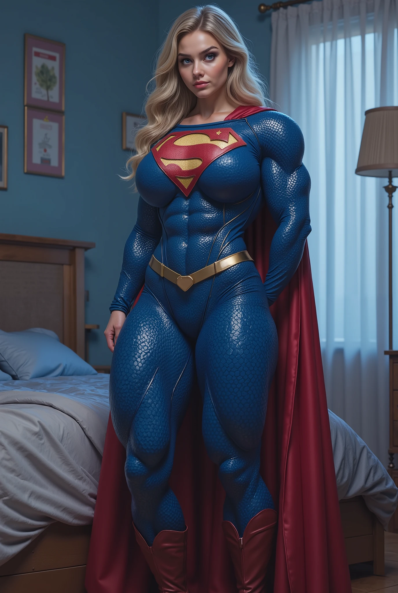 FREAK ACCIDENT WITH A ALIEN SYMBIOTE AS THE BLUE LATEX SYMBIOTE TAKES OVER AND COVERS THE socially awkward young BLONDE NERD working late in her BEDROOM, accidentally SPILLS a revolutionary serum ON HER BODY. The formula unexpectedly grants her SUPERMAN abilities SCREAMING OUT AS HER BODY STRUCTURE TRANSFORMS. WEARING A CLASSIC SUPERGIRL COSTUME AND CAPE,LIGHT PALE BLUE EYES.COSTUME AND CAPE AND SUPERGIRL BOOTS. CRYSTAL CLEAR ART, CELAN CRISP ART, 4K, 8K, MILLIONS OF TEXTURES AND DETAILS.
