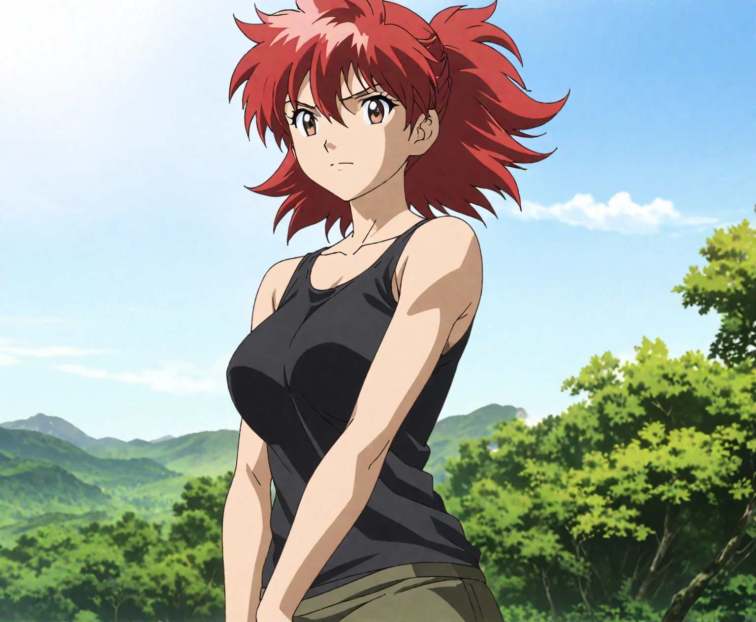 score 9 , score 8 up, score 7 up, source anime, Masterpiece, top quality, high resolution, 1girl , Red Haired anime girl , alone, Classic girl , vibrant , girl, created by anime Painter Studio, Handsome, Girl Romance , Brave, anime style, official fanart , ponytail, medium hair, hair between eyes, red hair , with a faint smile, bangs, brown eyes, visual novel , High definition fanart , Colored Sketch anime manga Panel, Muscular Girl , 2000s anime Art Style , Big Breasts, collarbone, big breasts, anime/manga, Painted in an anime artist's studio, In anime style, feminine and muscular, fanart, clothing: black tank top, girl wearing denim shorts, anime dick!!!!, skin tight tank top, Bare shoulders, Painted in an anime artist's studio, plain tank top, Realistic anime Art Style , digital animation art!!, basic tank top, Bare shoulders, Bare Arms, in Bowwater art style, Alluring anime girl, anime Drawings, looking at viewer, cowboy shot, girl focus, standing, outdoors, tomboy atmosphere, a manly girl, boyish atmosphere,