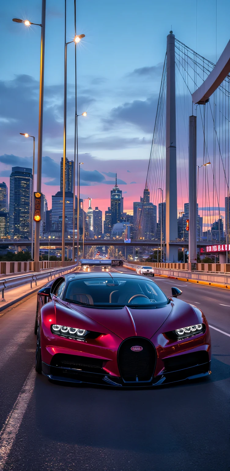 Create an ultra-detailed , perfectamente elaborado y sin distorsión de un Bugatti Chiron estacionado en el puente y ofrece una vista impresionante de la ciudad!
** Bugatti Chiron:**
**color:**
* **Lucious Tone :** Vino intenso metálico round (#660066) with details in matte black .
* **glow:** high, con un toque de Depth y complejidad, round, lustrous and richness .
* **effect:** Metallic paint with a " Depth ".
**Design:**
* **form:** aerodynamics, finished with smooth lines and pronounced curves , rendered in high resolution , like a masterpiece in UHD ..
* **style:** Sporty and elegant , design with a touch of sophistication and exclusivity .
* ** details :** Slim LED lights , adjustable rear spoiler , 20 inch alloy wheels.
** inner:**
* **color:** Light beige leather (#F5F5DC) with polished aluminum details .
* **materiales:** high quality leather, aluminum and carbon fiber .
* **Design:** Elegantly minimalist , effect focusing on functionality and comfort .
**bridge:**
* **material:** steel and concrete.
* **Design:** Modern and aerodynamic , with clean and minimalist lines .
* **vista:** Panoramic of the city , with modern buildings and skyscrapers in the background .
**city:**
* ** buildings :** Modern and contemporary , with innovative designs and sustainable materials .
* **style:** Bright and vibrant , with a variety of colors and textures .
* ** Environment:** Dynamic and exciting , lighting with a fast pace and a sense of energy and movement .
**In general, You can see a breathtaking view of both the city and the Bugatti Chiron, Gatti Chiron wine color parked in the The bridge offers a breathtaking view of the city {x} with its elegant and sporty design that blends perfectly with the modern and dynamic environment.**