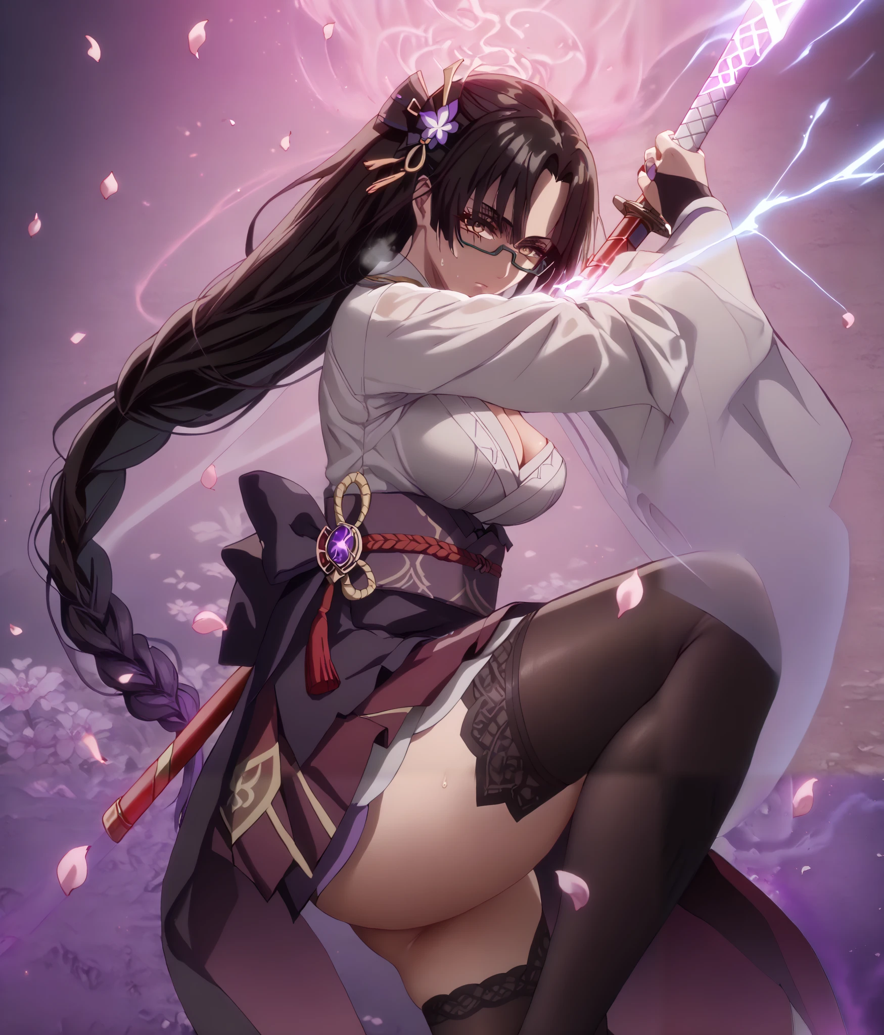 score_9, score_8_up, score_7_up, score_6_up, uncensored, shinra, brown eyes, long hair, black hair, glasses, semi-rimless eyewear, under-rim eyewear, parted bangs, bright pupils, anime coloring, anime screencap, (voluptuous:1.3), (thick:1.3), BREAK UHD, retina, masterpiece, accurate, anatomically correct, textured skin, super detail, high details, high quality, award winning, best quality, highres, 4K, excessive sweating, sweating, sweating drop, (gasping, heavy breathing:1.3), (skindentation:1.2), perfect eyes, beautiful eyes, eyelashes, makeup, detailed body, perfect body, BREAK, 1girl, solo, japanese_clothes, sword, weapon, breasts, holding_sword, kimono, holding_weapon, thighhighs, obiage, musou_isshin_(genshin_impact), purple_flower, looking_at_viewer, obi, holding, sash, flower, tomoe_(symbol), obijime, mitsudomoe_(shape), electricity, cleavage, wide_sleeves, bridal_gauntlets, tassel, closed_mouth, long_sleeves, egasumi, petals, katana, ribbon, falling_petals, purple_nails, drawing_sword, vision_(genshin_impact), purple_thighhighs, shaded face, (aura:1.4)