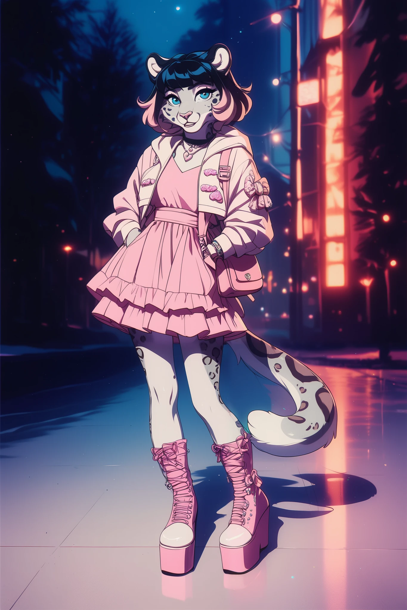 The character is dressed in a very stylish and daring look. She wears a short pink silk dress , with a soft shine and a delicate cut . A cozy white plush jacket complements the look , providing a sense of elegance and comfort .
On the feet, she wears white platform boots , which have a striking design with tie and plush details , making the look probably even more dramatic .
She carries a light pink bag , that goes well with the dress , adding a touch of charm . Her nails are well made and long , standing out a vibrant color .
The setting appears dark , suggesting that the photo may have been taken at night , what highlights the brightness of the dress and accessories . The style recalls a modern and daring aesthetic , with fashion elements that stand out . Furry female snow leopard