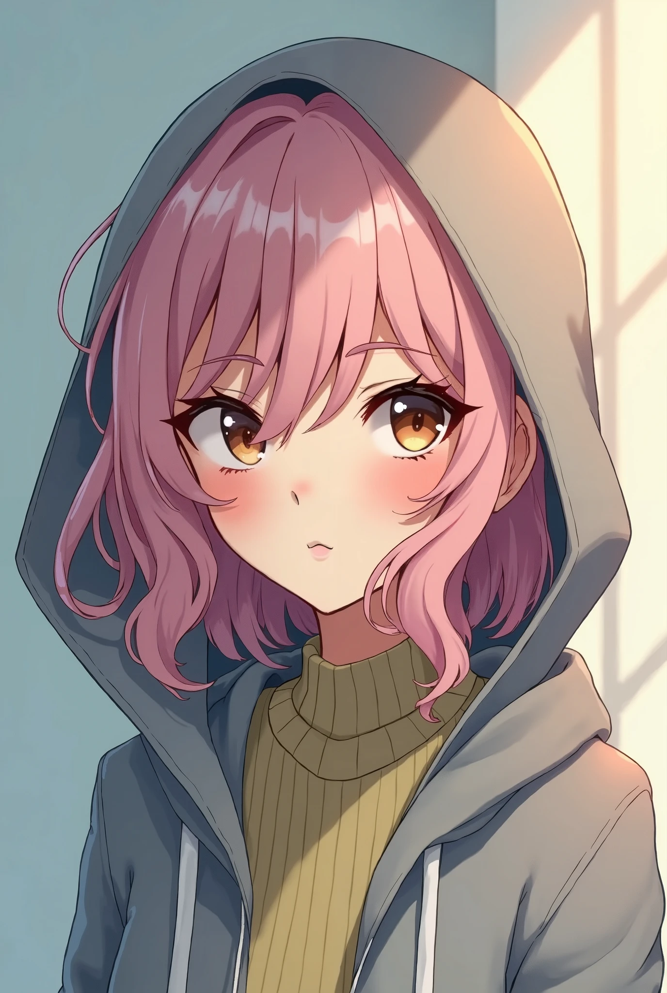Anime girl with pink hair and hoodie looking at camera - SeaArt AI