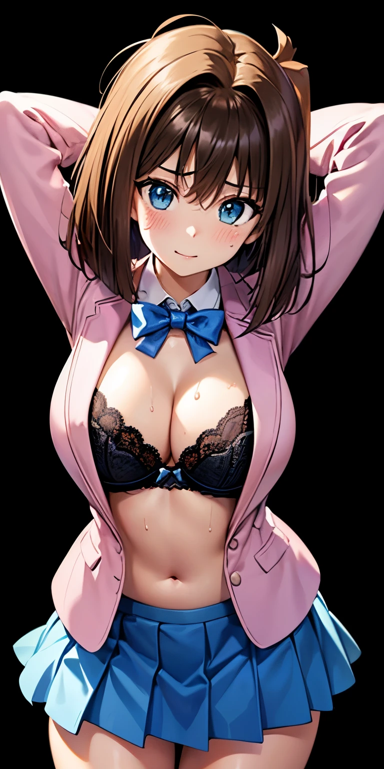 (((night,真night中))),((Dark atmosphere)),((Perfect Anatomy:1.2,Realistic:1.3,Raw photo:1.3,masterpiece、highest quality、Ultra - High resolution、High resolution、Extremely detailed CG、8k)),((attractive way to sit)),((((Crouching pose)))),1 female,alone,18-year-old、High school girl beautiful girl,Japanese,((Beautiful and exquisite face and eyes:1.2,Big beautiful eyes:1.0,)),(Brighten your eyes),((Beautiful woman))、Blonde,Long Hair,(Center parted hair:1.4,amount),Medium chest,((slim body)),Small Head:1.3,skinny,(Brown Skin:1.8),(Oily skin,Glowing Skin,Shiny skin,Sweat:1.2),(((school uniform、Dark blue blazer jacket、((White Shirt))、Checkered pleated mini skirt))),(prostitution),((show off bra:1.2)),Dirty back alley、Tokyo、((Turn your body forward)),(lonely),((Feeling melancholy))、Stick out your crotch、(Apathy)，(Lucky)、((Expressionless))、(Feel the shadows)、I pretend to be calm, but I&#39;m actually anxious、break,(((satin bra)))、(((Satin panties)))