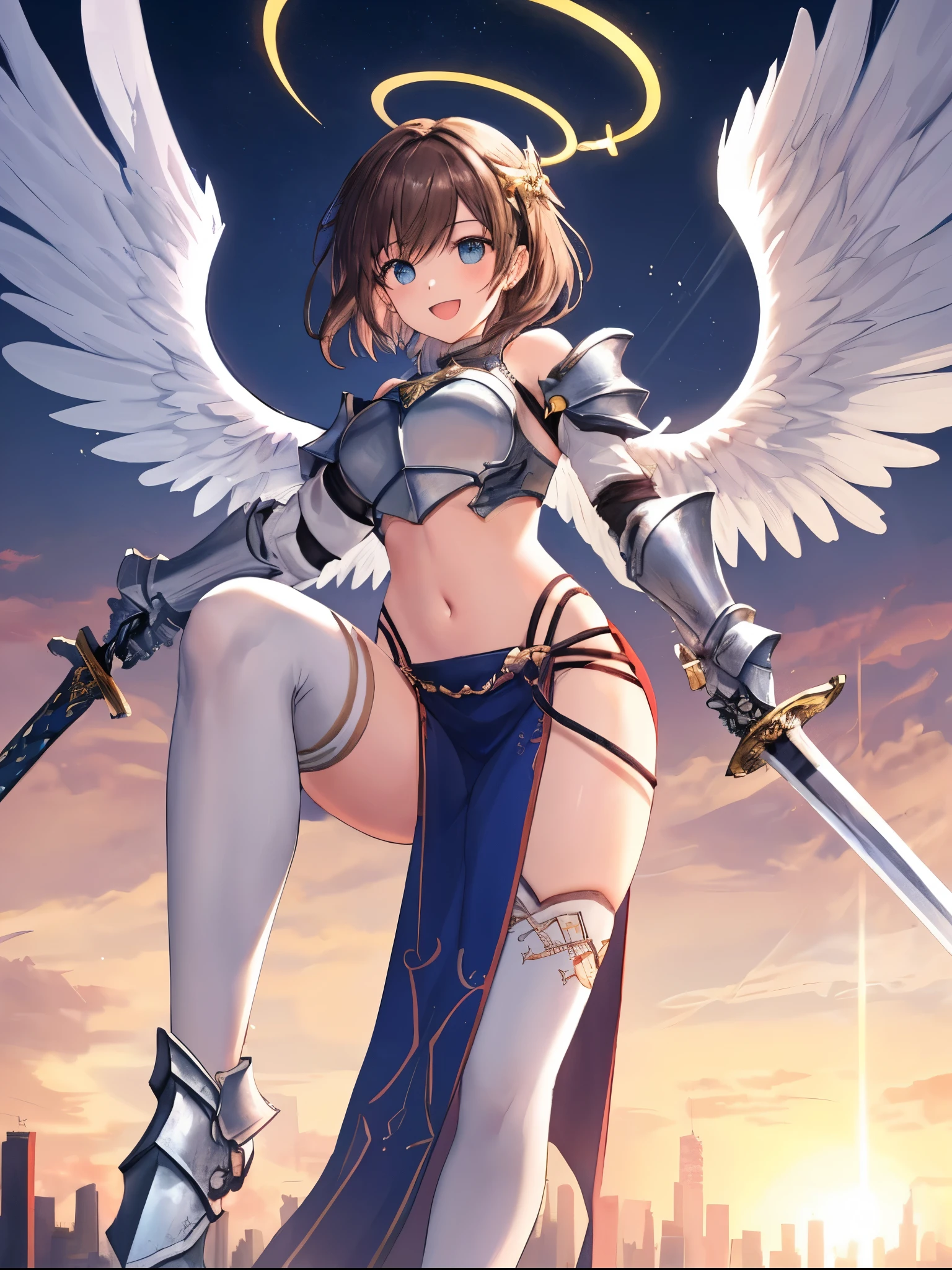 (Perfect Anatomy)、Mastepiece、Ultra High Quality、 8K、masterpiece、Highest quality、Ultra-high resolution、Maximum resolution、Very detailed、Professional Lighting、anime、woman、thin、so beautiful、Highly detailed eye、Highly detailed face、Golden earrings、Blonde, hair bun, Yellow Eyes、Mid-chest,Valkyrie armor, white open mini skirt , full body, gold pattern, white super long boots, white long gloves, female martial artist, high heels, white clawed gauntlets, white cute headgear, fighting stance, gold knee armor, Summoning thunder, Spinning kick, confident pose, wings grow from legs, Kickboxing, dynamic angle, dynamic pose,