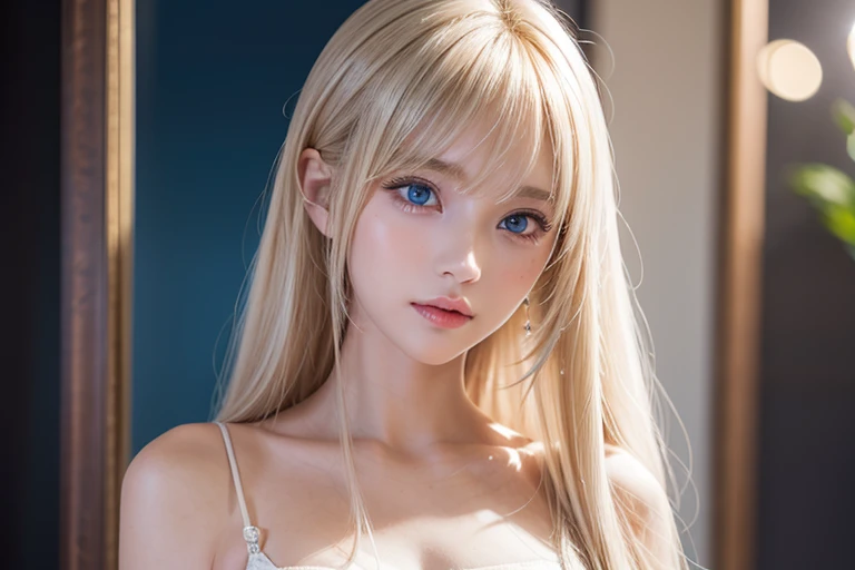 masterpiece, Highest quality, (Focus Only), (Perfect Face:1.1), (High detail:1.1), (Ultra-detailed eyes), dramatic, 1 person, (Pale skin), Long blonde hair, (Red Iris), Focus on the individual, Long Hair, Pouting, 、Detailed Background, Art by artgerm, Cinema Lighting, fashion、Photograph the whole body