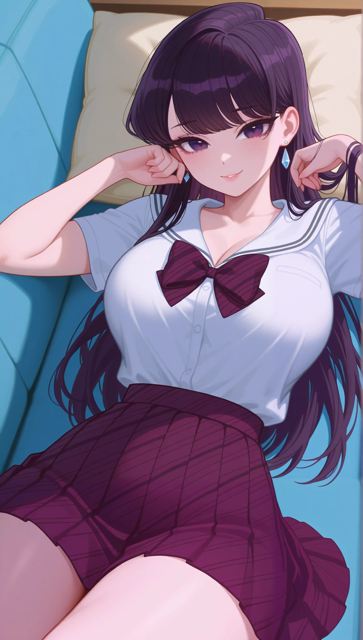 (masterpiece), (portrait), big breasts (aesthetics), ((1 female 21 years old)), Highlight earrings), ((long hair)), ((Hot crystal black hair)), ((Shouko Komi)) straight hair, thin eyes open, purple eyes, cute, naughty, cute smile, woman, feminine, beautiful, female features, top, high quality, aesthetic clothing, professional angle, (rule of thirds), (feminine), , (beautiful) , (female ) features), solo, (Korean attractive), summer, (ink haze), (afternoon), (vibrant light), seductive posture, ((face looking forward))), Shouko Komi, school uniform, bow tie, pleated skirt, sensual ((Energy)), (Bold Makeup), (Big Breasts), Fair Skin, (Clothes with Hip Hop Details), (a hot Shouko Komi, sculptural body, sexy pose), (Sleep Neckline), Beautiful Hands, Body beautiful, beautiful ears, beautiful eyes, bright eyes, beautiful mouth, beautiful lips, on the couch all shy, lying down, kitten style