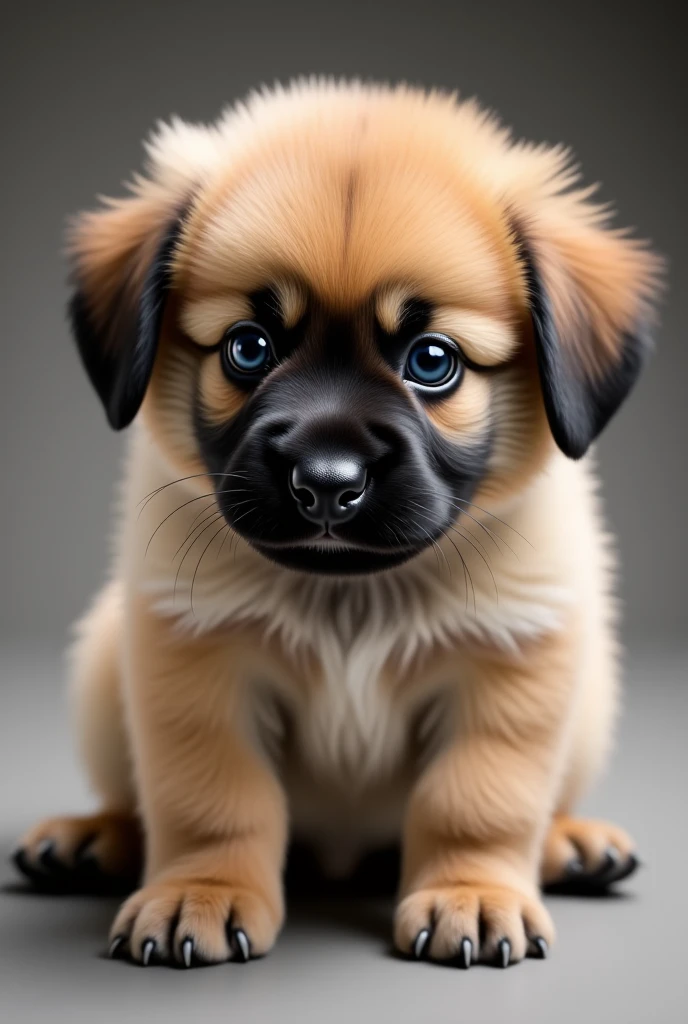 A realistic fluffy macaw puppy is a small ball with soft and fluffy fur,  with big, bright eyes that convey curiosity and joy .  His ears can be droopy or standing , ,  and its snout is small and adorable .  He usually has a clumsy way of moving ,  with paws that seem too big for his little body to receive .  When playing , It can roll ,  to run and even take small jumps ,  all with an infectious energy .,

