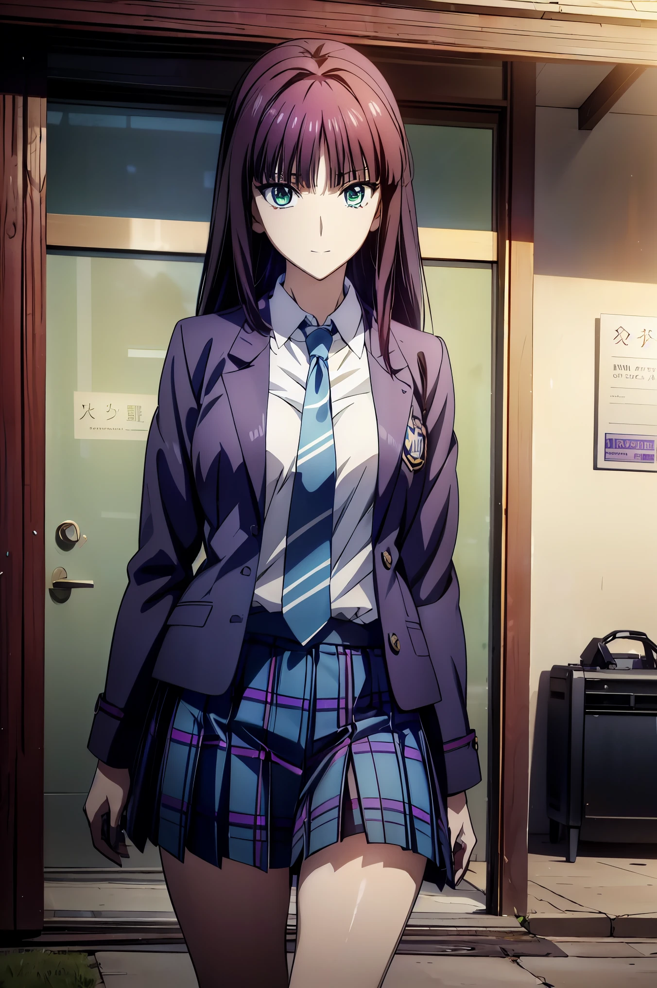Smile Face, blazer uniform,赤 purple hair, Green Eyes , eyes like jewels, 超 high resolution, ((( Green Eyes))),赤 purple hair, beautifulアニメ高校の女の子,( Masterpiece:1.2, 最 high quality ), ( exist, photo exist:1.4), beautifulイラスト, ( natural light , Movie Screenplay ), nsfw, watch viewers , COWBOY SHOOTING , Front view of the company :0.6, seat, Japanese, university student の女の子, perfect face, beautiful髪, beautiful顔, beautiful and amazing eyes, beautiful鎖骨, beautiful体, beautiful胸, beautiful太もも, beautiful足, beautiful指 , ((( navy jacket ), Light Blue Colored Shirt , details beautiful DEL I'm CATE EYES FULL OF DEC I ON , Black Sox, blue tartan ribbon tie )), ( beautiful風景), evening , Riverside, walk, smooth anime cg art , 魅惑的な Anime Girl , Let's Make a Girl in a Long Coat , high resolution, very detailedなイラスト, dark blue pleated miniskirt vibrator , RAW Photo , film grain , standing , U high resolution and 8K Connection , 長い赤 purple hairと Green Eyesをした Anime Girl , Anime Moe Art Style , 若い Anime Girl の接写, smooth anime cg art , beautifulアニメの university student の女の子, Anime Moe Art Style , シュールな university student の女の子, Anime Girl , 魅力的な Anime Girl , シュールな university student の女の子, GIRL WITH SHINY CLOTHING , high resolution, CG Details , high quality shadows, beautiful、delicate face、All the details , ディテール beautiful DELICATE EYES FULL OF DECISION,break( high resolution8Kの壁紙 ),(高度に CG Details 8kの壁紙),Makima ( chainsaw man ),Scathach ( destiny / Grand Order Required ),reika shimohira , high resolution, とても繊細で beautifulCGイラスト,最 high quality , exist Feeling , exist fabric, exist texture,((( debris flies))), (((最 high quality ))),8k,At 32k, Masterpiece, beautiful and charming anime woman , Supermarkets, very detailed, high resolution,シュールな university student の女の子, Masterpiece, 最 high quality , high quality , Freshness , high quality texture, high quality shadow, high detail, sex, seat, university student , alone,I, alone, alone, ADULT BIB , beautiful長い脚, beautiful胸, beautiful太もも, Tight legs , beautiful leg line , Slender Waist in an Unmanned Bar ,Mature body girl, Big Breasts Only , beautiful胸,reddish purple hair, purple hair, BLACK CURRANT HAIR , charming Anime Girl , colorful hair, straight hair ,shy smile,幸せそうなsmile, Brilliant appearance ,cute smile,Cool Beauty, beautiful女性, handsome face , beautiful写実性, attractive figure , enchanting face , calm look , beautiful髪,smile, colorful eyes , Green Eyes,Jade Eyes, beautiful目,bright eyes, DELICATE EYES FULL OF DECISION, Jewel Eyes ,Jade Eyes,( Green Eyes:1.5), charming face,8 heads,:: 174cm,彼女は首に necklace 身に着けています, necklace ,beaded necklace ,Magatama Accessories,smile,