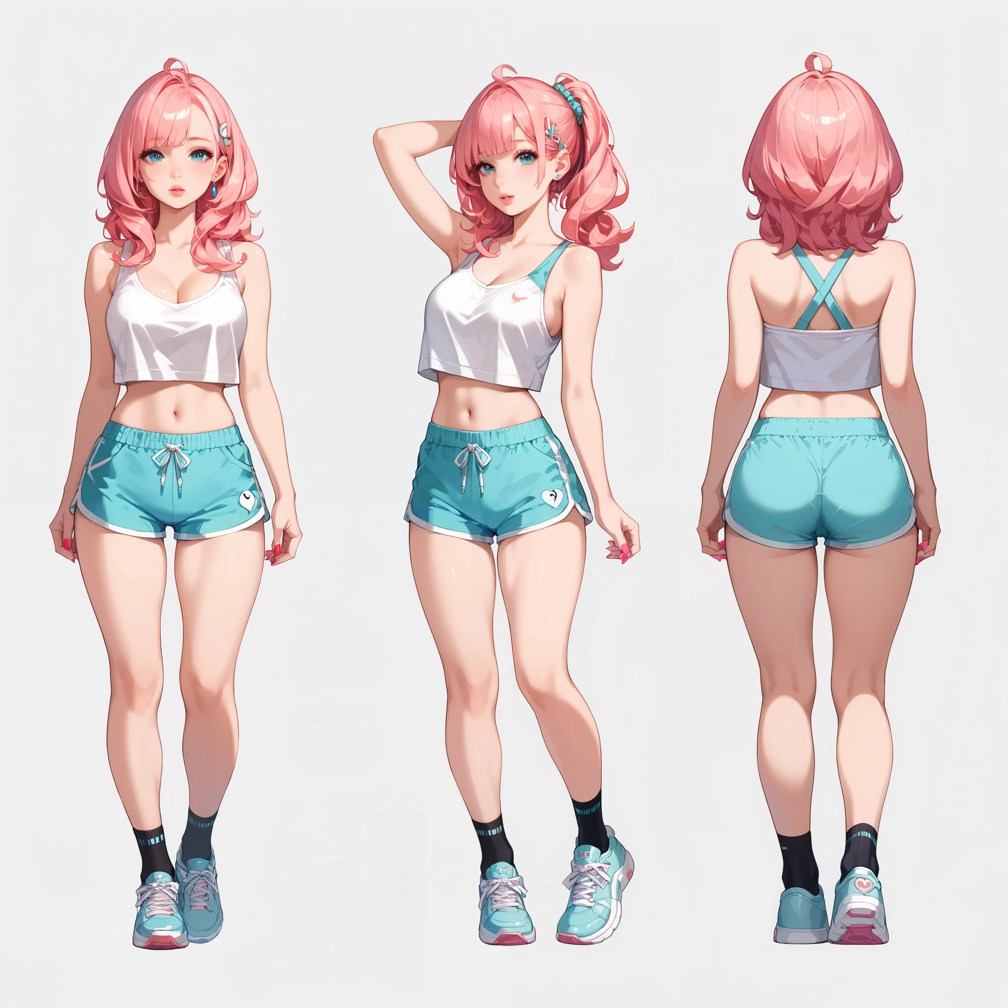  score_9,  score_8_up,  score_7_up,  score_6_up,  Character Design Page , Alone,  1girl, ( light red hair,  woven :1.3), perfect lips,  penetrates , (cute gym girl),  white dolphin shorts, cropped white tank ,  black tights 、 sneakers,  frontal body view,  back view, Depth, Many parts,  multiple poses and expressions, highly detailed, (ultra-detailed), ( best illustration), ( Best Shadow), ( absurd),  ( very polished ), (4K,  complicated), ( detailed face :1.2).