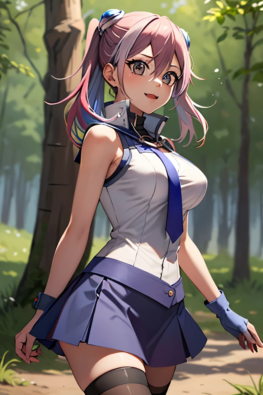 masterpiece, best quality, highres, 1girl, solo, hy1, hair ornament, multicolored hair, necktie, skirt, sleeveless, , black thighhighs, jewelry, ta1, white jacket, sleeveless, blue skirt, fingerless gloves, large breasts, happy, cowboy shot, outdoors, forest