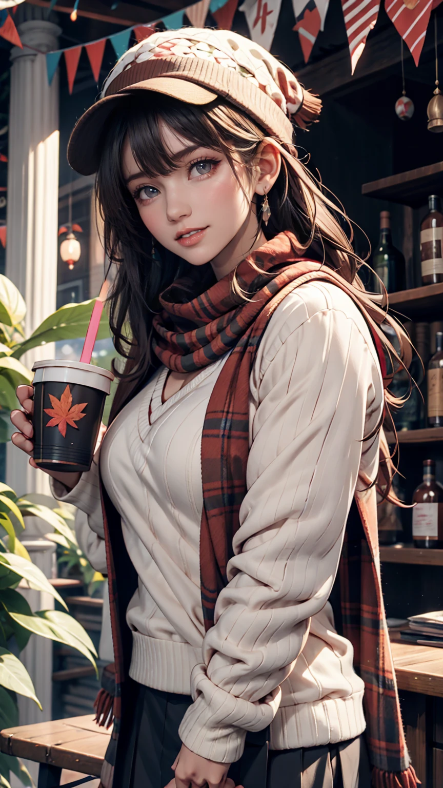 One girl, 紅leaf, bangs, Black Hat, Blurred Background, blush, Brown eyes, Brown Hair, brown scarf, brown skirt, cardigan, coffee, Cowboy Shot, cup, disposable cup, drink, 落ちleaf, Beanie, Holding, Holding drink, leaf, Long Hair, Long sleeve, View Viewer, open cardigan, Open your mouth, Plaid, Plaid skirt, puffy Long sleeve, red sweater, scarf, shirt, shirt tucked in, Side Lock, skirt, smile, alone, sweater, white shirt, Very detailed, complicated, masterpiece, Absurd