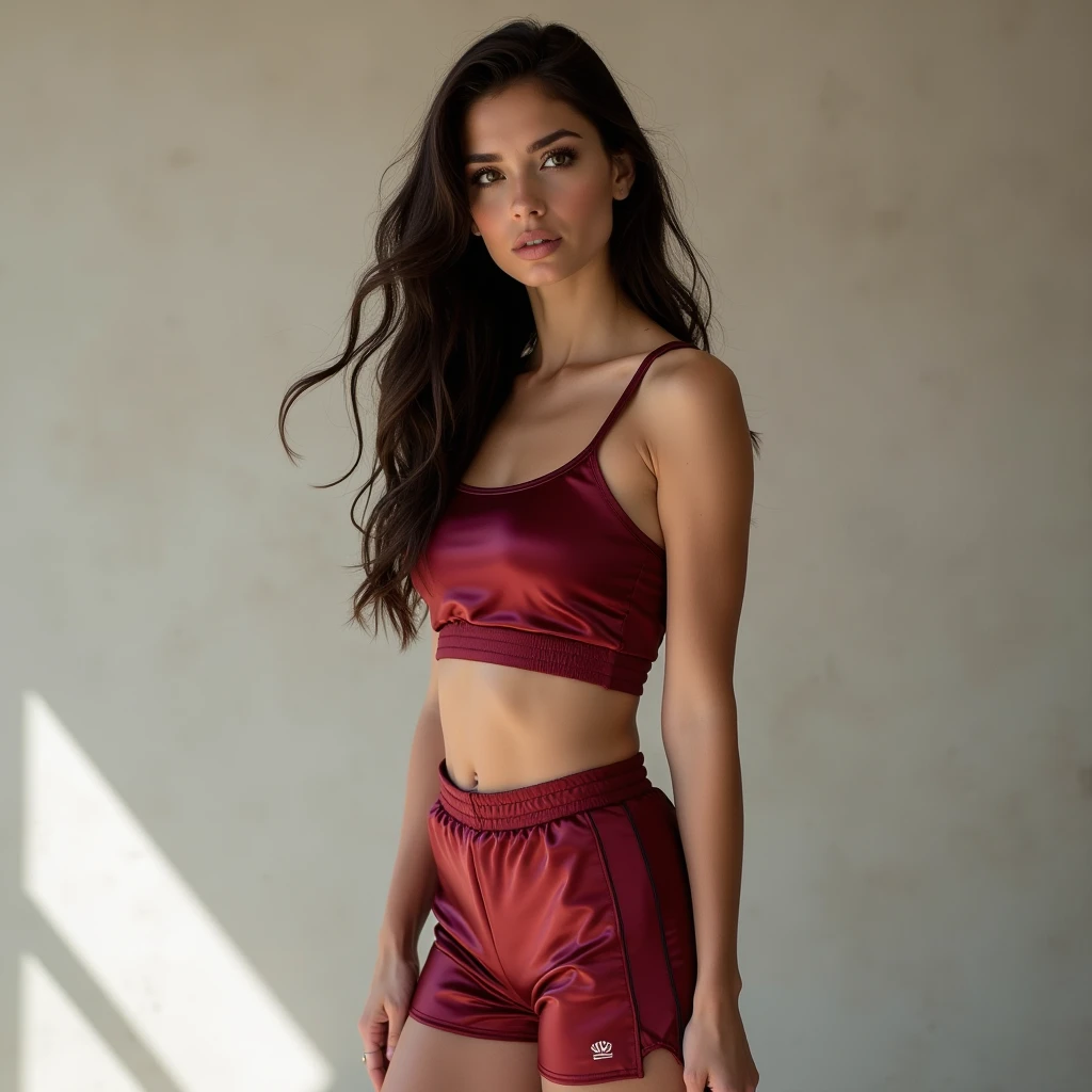 Arab Egyptian  woman wearing a red cropped shirt and red shorts. , seductive pose, tight fit, short black hair, bold and vibrant makeup, alluring, masterpiece, super details, depth of field, outdoor lighting, full body shot