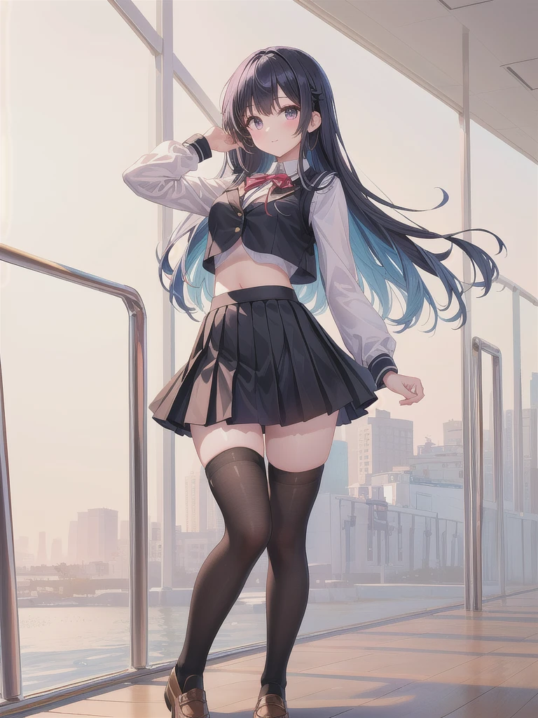 1girl, blue_hair,boots,breasts,full_body,knee_boots,long_hair,long_sleeves,looking_at_viewer,open_mouth,red_eyes,smile,solo,thigh_strap,white shirt, suspender skirt, bow tie, coat, black coat, turquoise hair, thigh belt, skirt that goes up below the chest, tight skirt, building,city,city_lights,cityscape,scenery,sky,skyscraper, Fascinator hat
