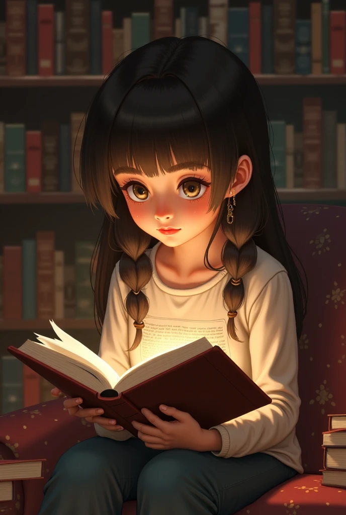 “A young woman sitting in a library, deeply engrossed in a book. The library has bookshelves filled with books, soft lighting, and a cozy atmosphere.
chibi, cartoon, bookshelf background, ratio "2058×1152" pixel , high quality”