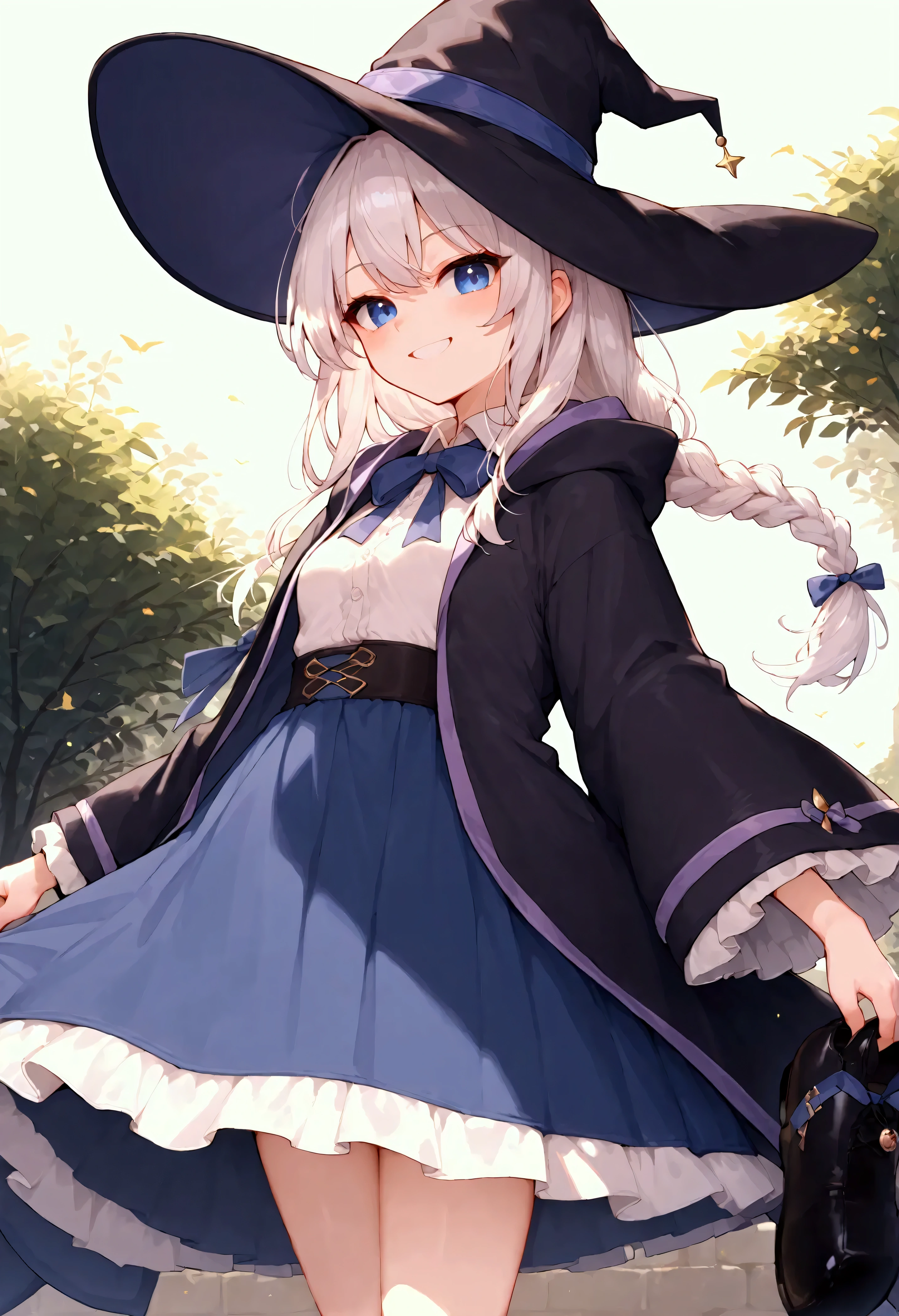 score_9_up, score_8_up, score_7_up,source_anime,Elaina, white hair, long hair, blue eyes, low-tied sidelock, single sidelock, def_side_braid, def_hair_ribbon, Elainadef, def_shirt, def_neck_ribbon, def_skirt, def_robe, witch hat, black footwear, standing, looking at viewer, smile,small breasts