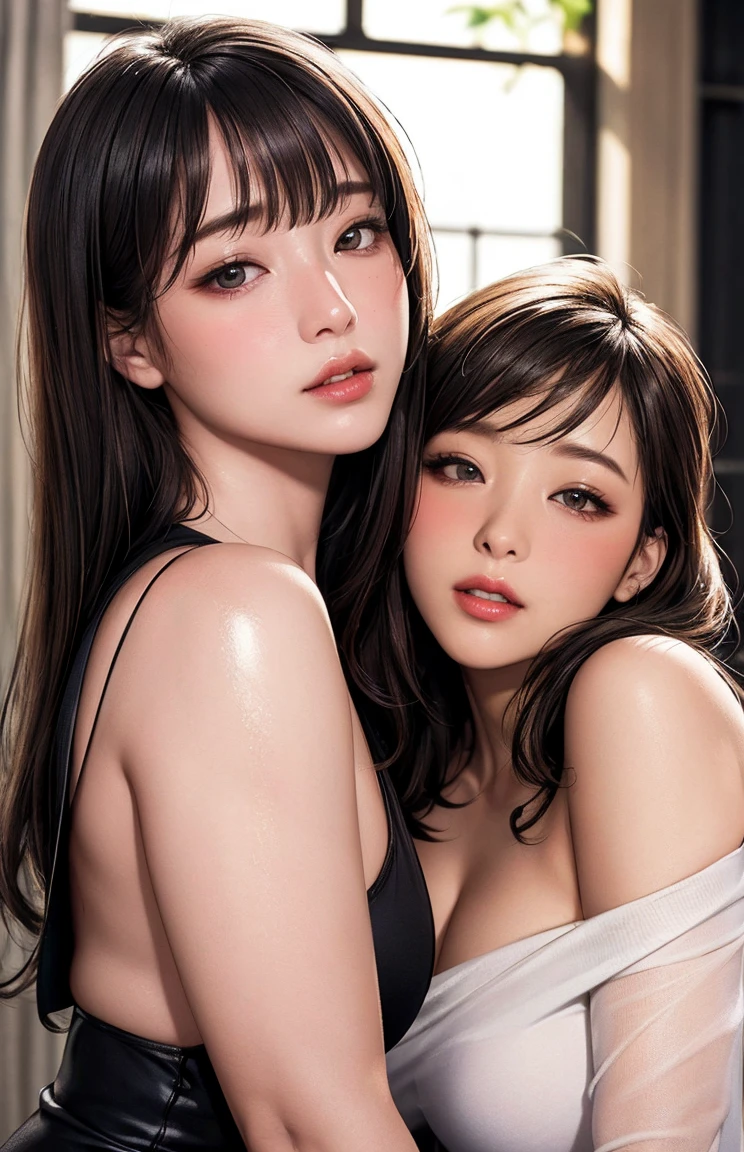 (masterpiece:1.2, highest quality), (realistic, photorealistic:1.4), （topless:1.8,full nude:1.8）,beautiful illustrations, (natural side lighting, movie lighting), 
looking at the viewer, （(2 girls:1.7)),((Black-haired beauty and blonde beauty,ponytail)）, Japanese, perfect face, Cute symmetrical face, shiny skin, , 
(long hair, straight hair, sideburns), flowing bangs, Idol&#39;chest, seductive thighs, big ass), earrings, 
beautiful hair, beautiful face, fine and beautiful eyes, beautiful clavicle, beautiful body, 美しいchest, beautiful thighs, beautiful feet, beautiful fingers,  toes)), perfect body beauty:1.4、8 heads and bodies,
(beautiful scenery), evening, (cafe shop), Are standing, (nice smile, Upper gra skirts in uniform,show panties)