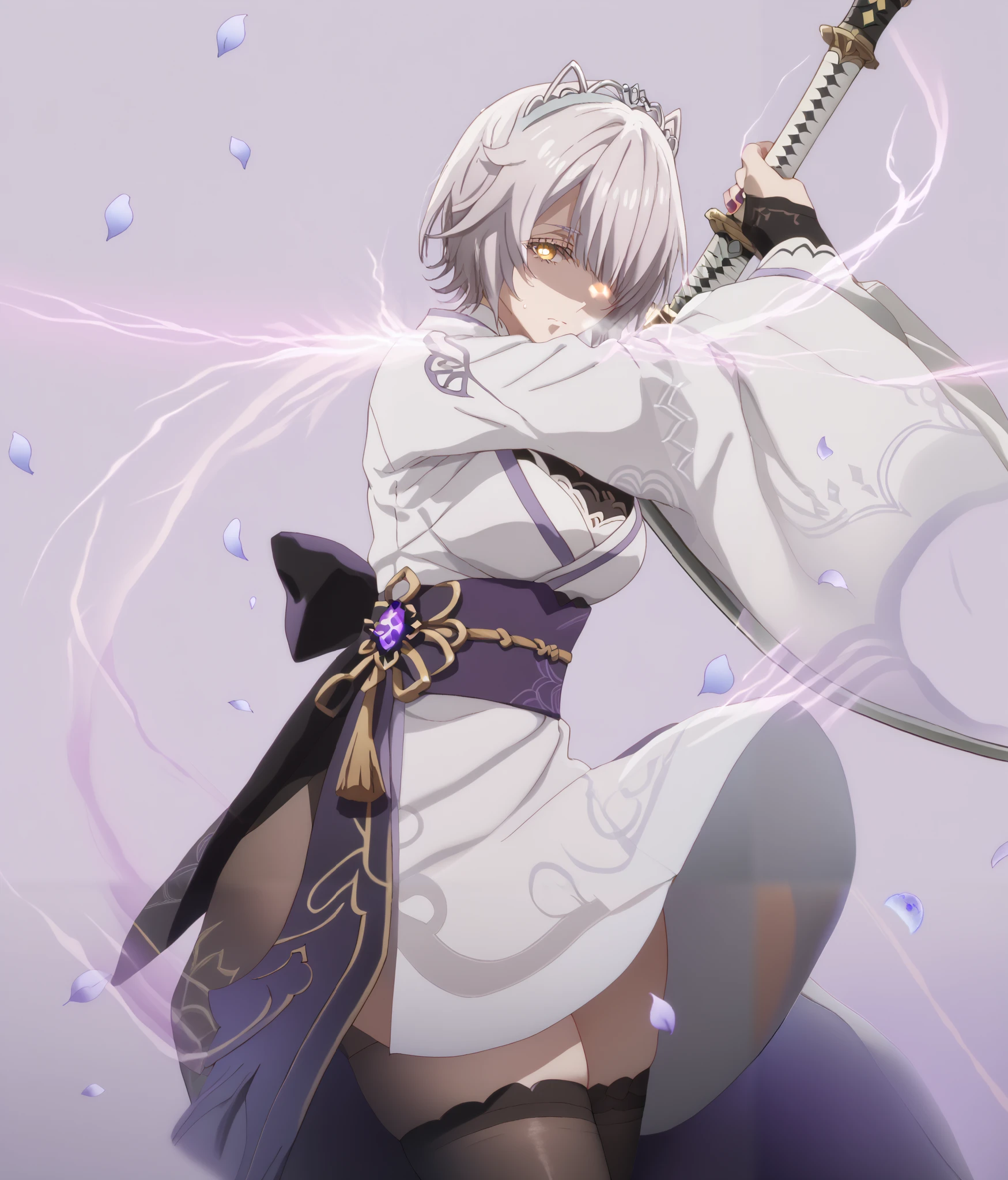 score_9, score_8_up, score_7_up, score_6_up, uncensored, chartreux westia, ((short hair)), bangs, yellow eyes, grey hair, hair over one eye, tiara, bright pupils, anime coloring, anime screencap, (voluptuous:1.3), (thick:1.3), BREAK UHD, retina, masterpiece, accurate, anatomically correct, textured skin, super detail, high details, high quality, award winning, best quality, highres, 4K, excessive sweating, sweating, sweating drop, (gasping, heavy breathing:1.3), (skindentation:1.2), perfect eyes, beautiful eyes, eyelashes, makeup, detailed body, perfect body, BREAK, 1girl, solo, japanese_clothes, sword, weapon, breasts, holding_sword, kimono, holding_weapon, thighhighs, obiage, musou_isshin_(genshin_impact), purple_flower, looking_at_viewer, obi, holding, sash, flower, tomoe_(symbol), obijime, mitsudomoe_(shape), electricity, cleavage, wide_sleeves, bridal_gauntlets, tassel, closed_mouth, long_sleeves, egasumi, petals, katana, ribbon, falling_petals, purple_nails, drawing_sword, vision_(genshin_impact), purple_thighhighs, shaded face, (aura:1.4), simple background, one leg up,