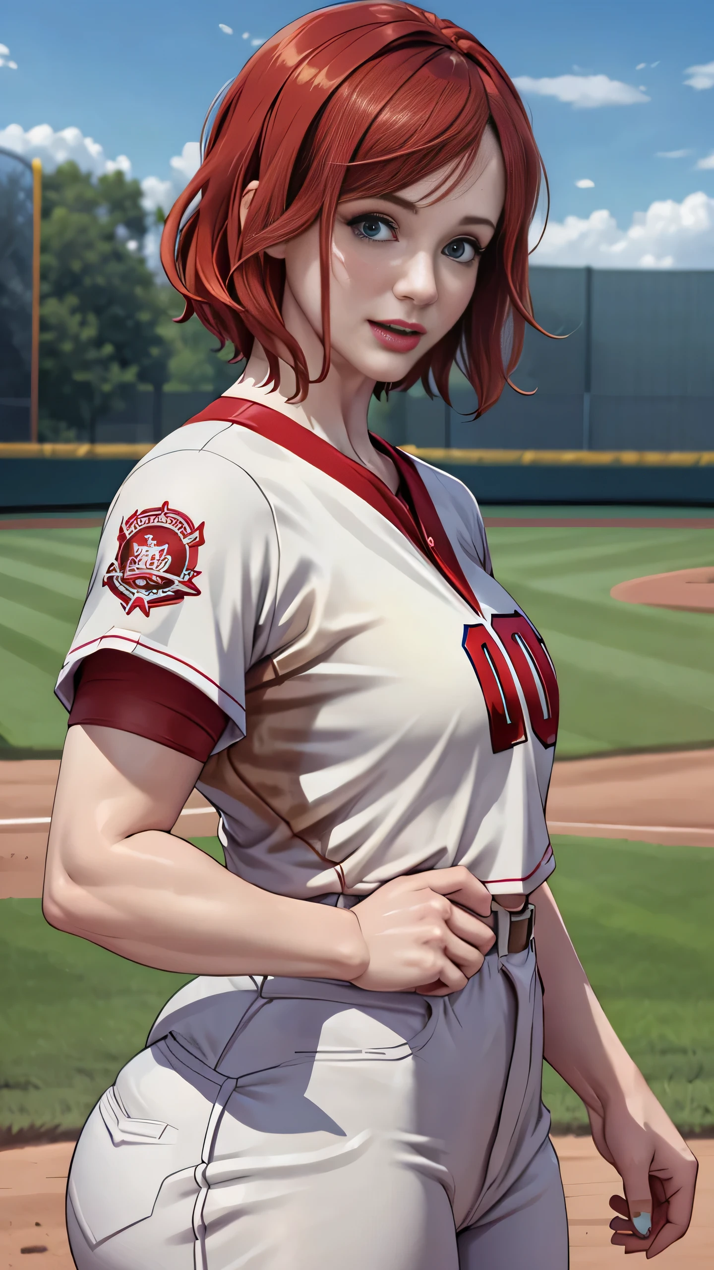 Christina Hendricks, (Christina Hendricks:1.5), masterpiece quality, (masterpiece quality:1.3), detailed, realistic, (realistic:1.3), 1girl, solo, (solo:1.9), 20 years old, at a baseball field, (at a baseball field:1.5), short hair, (short hair:1.5), red hair, (red hair:1.5), wearing a white baseball uniform, (wearing a white baseball uniform:1.9), thin body, small breasts, (small breasts:1.5), 