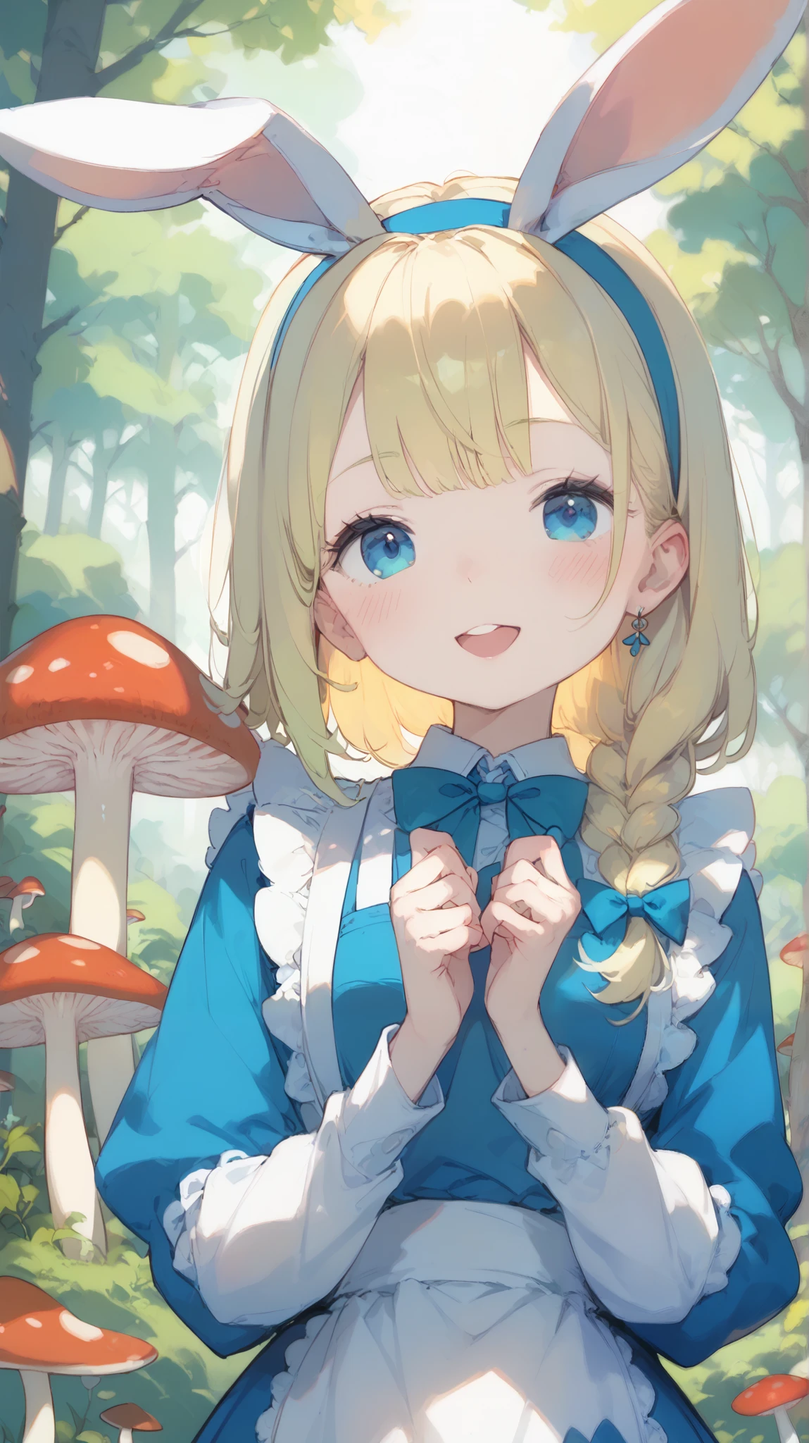  portrait 、 Tim Burton style 、 Alice in Wonderland、Alice and the Rabbit、Cute Alice、A pale-colored world、 Mushroom Forest 、