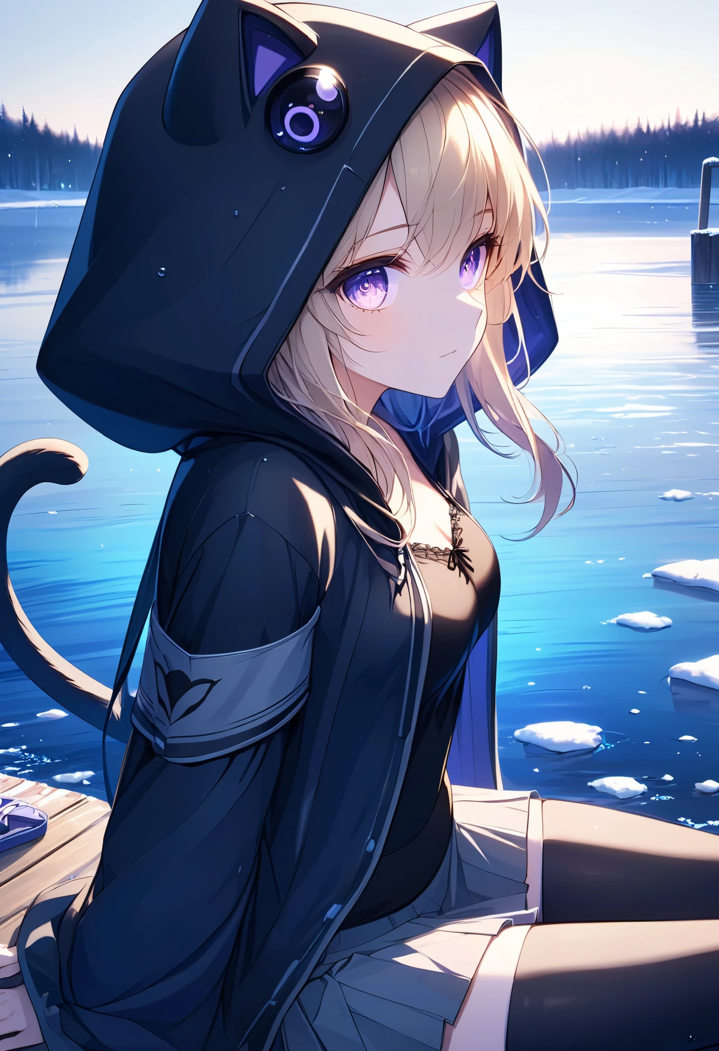 High Resolution, High Quality, High Detail, frozen dock, night, 1girl, blonde hair, violet eyes, medium breasts, black cat hood, black cloak, black camisole with grey trim, grey skirt, black leggings, sandals, looking at viewer, arms behind back, reaching for viewer, side profile, feet in water, zoom in, sitting on dock, sitting beside viewer, viewer beside girl
