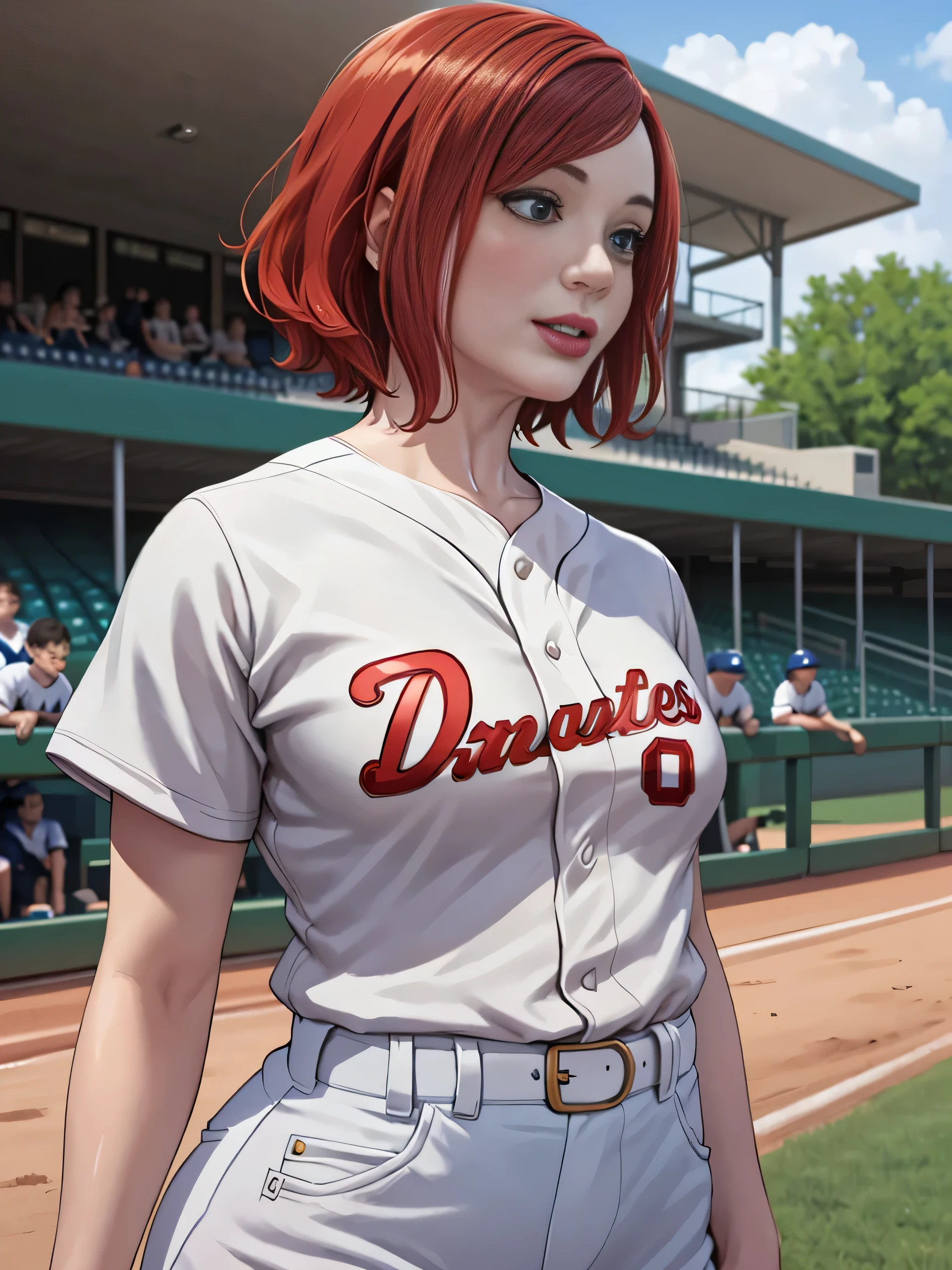 Christina Hendricks, (Christina Hendricks:1.5), masterpiece quality, (masterpiece quality:1.3), detailed, realistic, (realistic:1.3), 1girl, solo, (solo:1.9), 20 years old, at a baseball field, (at a baseball field:1.5), short hair, (short hair:1.5), red hair, (red hair:1.5), wearing a white baseball uniform, (wearing a white baseball uniform:1.9), thin body, small breasts, (small breasts:1.5),