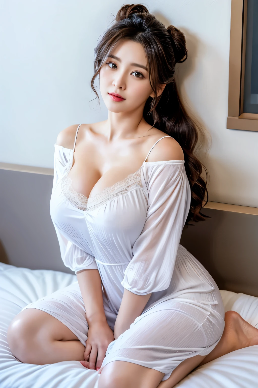 Masterpiece, a beautiful Malay woman, 1girl, (very short transparent House dress), (big breasts, breasts underneath shirt, hard nipple, protruding nipples underneath shirt), (Exposed cleavage), (perfect body), (black hair), (long hairstyle), Realistic proportions, Good anatomy, indoor, bed room, (skin texture:1.1), ((night scene)), best quality, ultra high res, Raw photo, Nikon D850, backlight, rim light, bright sunlight, film grain:1.2, (warm hue, warm tone:1.2), (color photo), seductive pose, (realistic,Hyper-realistic:1.37), 16K HD, INFO, ((Full shot)).