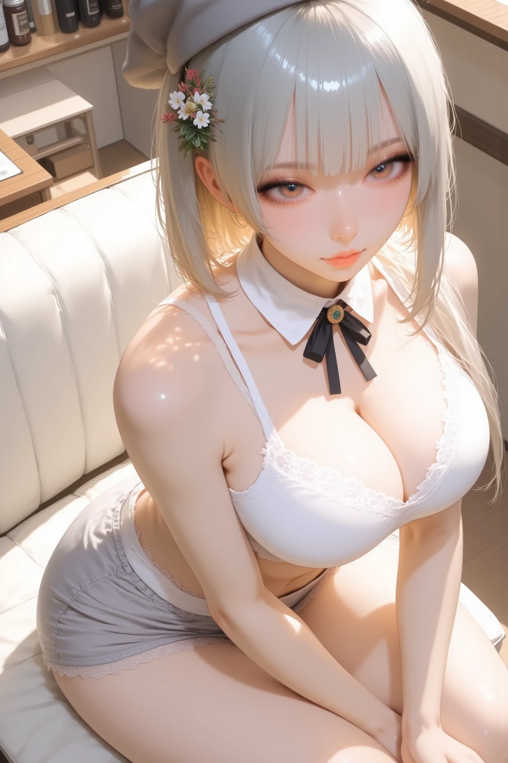 from above, sit astride, straddling, wariza, yokozuwari, face up, closed eyes, high image, super detail, high resolution, anime, manga, illustration, knee high socks, thighs, satin lace bra and panty, garter, micro, lingerie, thong, skimpy bottom, pretty girl, adult face, make up, ecstatic expression, amorous expression, seductive look, flowing layered messy glossy white medium short wavy hair, speed line, alluring moist red lips, huge breasts, under boob, side boob, great proportion, perfect proportion, slender, full body, bed room