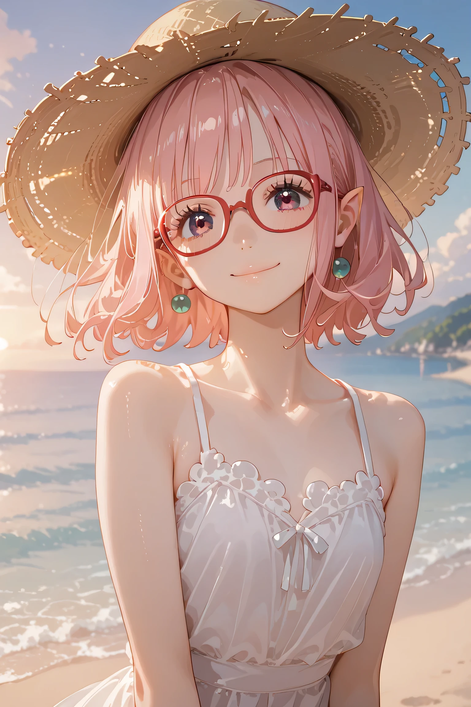 (Alone 、 1 woman ) ((( flat chest、4age 、 slender body ))((( small:2 ,On:1.5))) 、 young girls))) one woman (( is cute 女の子))(( red glasses))、Young Face、 is cute 、 short bob:1.2、 milky pink hair 、 fuchsia eyes 、 Elf Ears:0.6、Outdoors、 Seaside、Sunset、( White One Piece Dress ) straw hats、smile、 Closed Mouth、whole body:2 ,Strong winds、