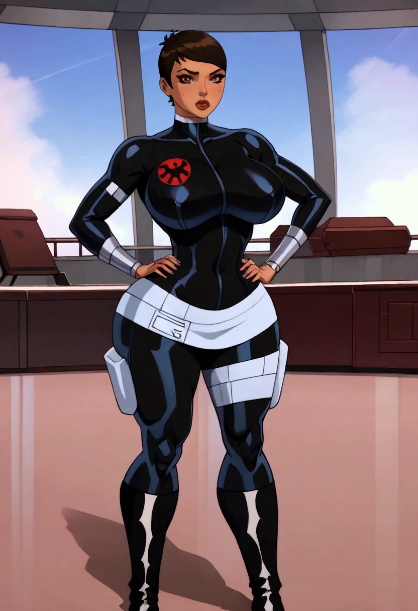 Maria hill, big breasts, female, breasts, breasts, brown hair, female, sexy position, covered breasts, skin, hips huge, fit female, female, short hair, thick legs, thick thighs, voluptuous, wide hips, Bimbo Body, Gorgeous and sultry busty athletic (thin) brunette peasant with sharp facial features wearing a bodysuit, Bimbo Body, streeching clothes, arms behind chest around her, huge breasts, huge hips, shy gaze, Bimbo girl, lust gaze