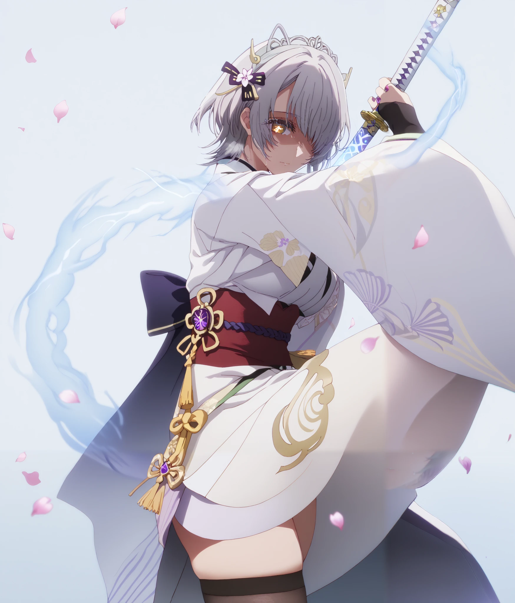 score_9, score_8_up, score_7_up, score_6_up, uncensored, chartreux westia, ((short hair)), bangs, yellow eyes, grey hair, hair over one eye, tiara, bright pupils, anime coloring, anime screencap, (voluptuous:1.3), (thick:1.3), BREAK UHD, retina, masterpiece, accurate, anatomically correct, textured skin, super detail, high details, high quality, award winning, best quality, highres, 4K, excessive sweating, sweating, sweating drop, (gasping, heavy breathing:1.3), (skindentation:1.2), perfect eyes, beautiful eyes, eyelashes, makeup, detailed body, perfect body, BREAK, 1girl, solo, japanese_clothes, sword, weapon, breasts, holding_sword, kimono, holding_weapon, thighhighs, obiage, musou_isshin_(genshin_impact), purple_flower, looking_at_viewer, obi, holding, sash, flower, tomoe_(symbol), obijime, mitsudomoe_(shape), electricity, cleavage, wide_sleeves, bridal_gauntlets, tassel, closed_mouth, long_sleeves, egasumi, petals, katana, ribbon, falling_petals, purple_nails, drawing_sword, vision_(genshin_impact), purple_thighhighs, shaded face, (aura:1.4), simple background, one leg up,