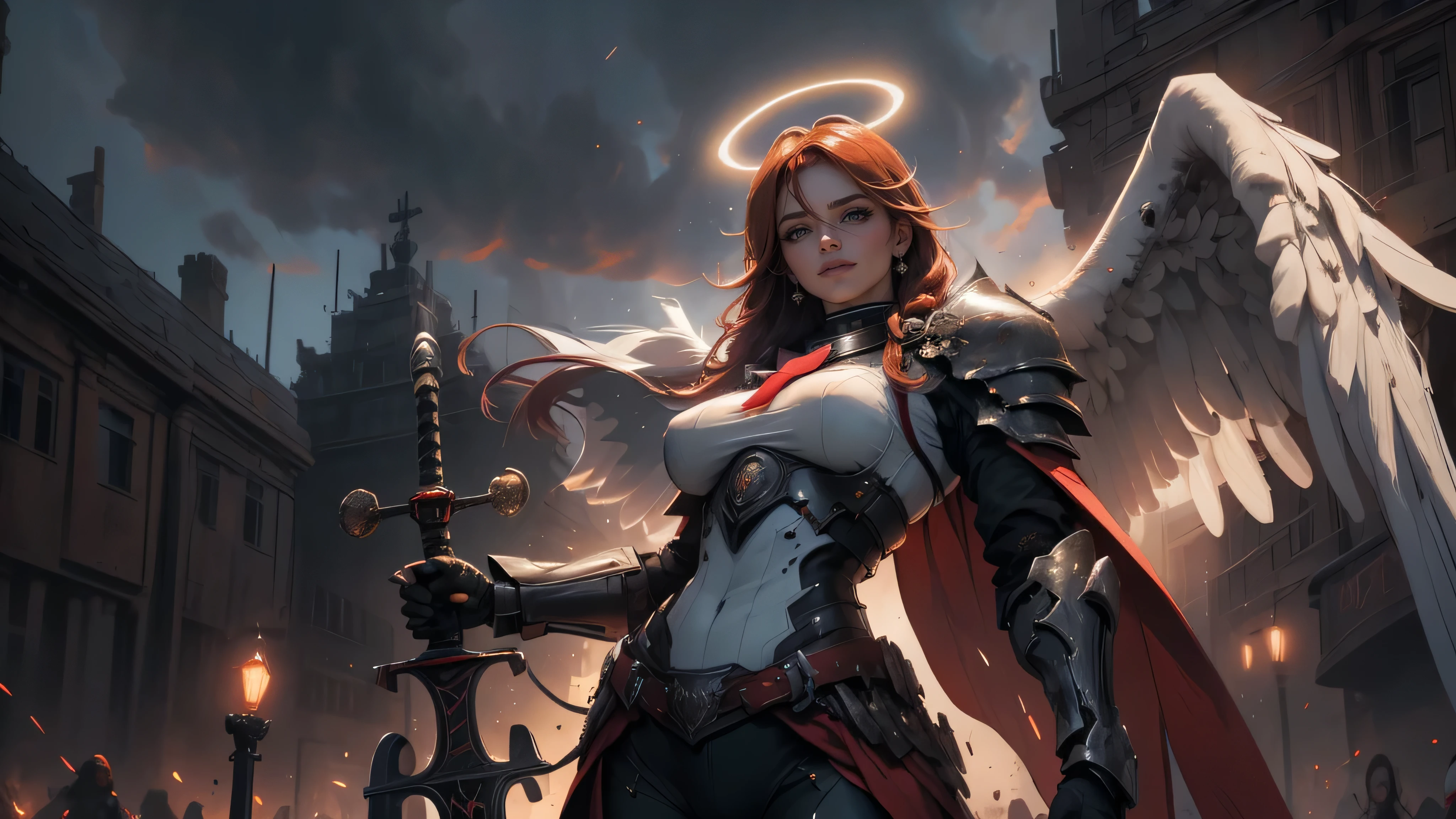 (masterpiece, best quality:1.2), cowboy shot, solo, angeldevil, expressionless, looking away, (((((angel's halo))))), black necktie, black pants, blue sky, clouds Asgard,valkyrie, mulher com corpo perfeito, com um corpo torneado e musculoso. Anatomia correta,epic fantasy digital art,tmasterpiece,8k,high-definition resolution,desenho detalhado,Qulidade Superior,, Epic composition,Greek Amazon woman in her 20s, Blond haired , high, muscular, medium breasts, wearing Greek armor,a tall female arcangel standing, majestic, beautiful, celestial paladin, knight with cape and celestial armor of Pisces, imposing and powerful, perfect face, perfect lips, perfect yellow eyes, black hair with two braids, nose perfect, muscular body, abs, exposed muscular quads, curvy hips, huge breasts. round breasts. 16k quality.,absurdres, portrait a 1girl, glowing lighting bolt sword in hand, lighting intricate:1.2, (tiny spark lighting:1), rays straight line, solo, red hair, long braided hair, golden eyes, bangs, stare, smile, looking at viewer, night urban,1 girl, wearing a fantasy warrior outfit, (intricate, battle-ready), medium breasts, (glowing eyes), raising her hand as a new skill awakens, (surrounded by magical energy), BREAK Ancient ruins, glowing runes on the ground, (light bursting from her palm:1.2), mystical symbols floating around BREAK (dramatic lighting, vibrant colors), intense atmosphere, action pose, BREAK fantasy awakening, game cg, absurdres, highres, ultra detailed, beautiful, (masterpiece), (best quality:1.2),In an atmospheric and ethereal portrait, a paranormal luminescent neural network takes center stage. Image, amazingly detailed photo, reflects the interaction of mystical glow and advanced technology. Neural network floats in limbo, her circuits pulsate with an otherworldly light, as if there was a sentient being living inside. Threads of red-hot energy intertwine, creating a mesmerizing glow, which illuminates the environm